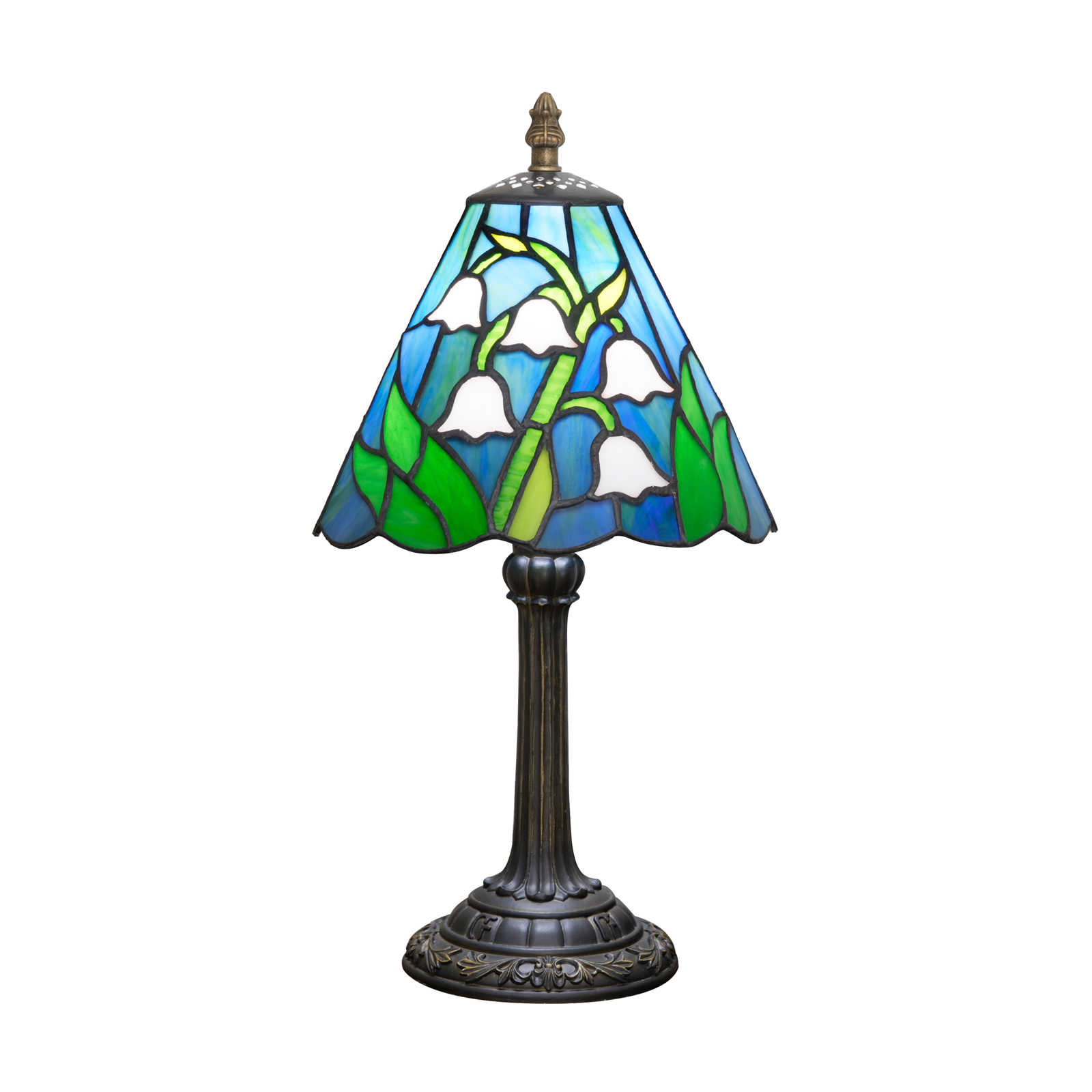 Blivuself 8 Inch Tiffany Style Lily of the Valley Stained Glass Table Lamp, Small Floral Night Light Desk Lamp with Blue Sky & Green Leaf Shade, Antique Bronze Resin Base, for Living Room, Bedroom, Office, Nightstand & Nature-Inspired Home Decor OFU1450