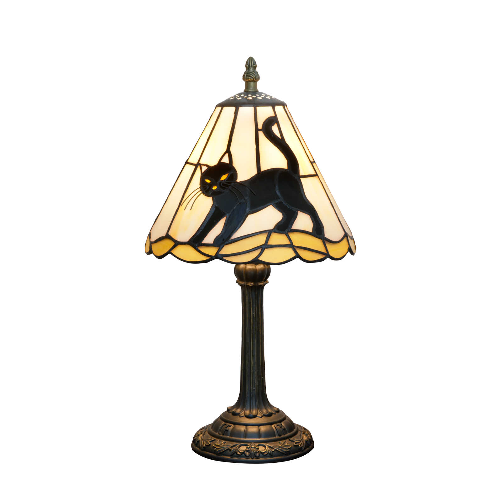 Blivuself 8 Inch Tiffany Style Black Cat Stained Glass Table Lamp, Small Whimsical Cat Night Light Desk Lamp with Walking Black Cat Motif on Cream & Yellow Glass Shade, Antique Bronze Resin Base, for Living Room, Bedroom, Office, Nightstand & Cat Lover Home Decor  OFU1449
