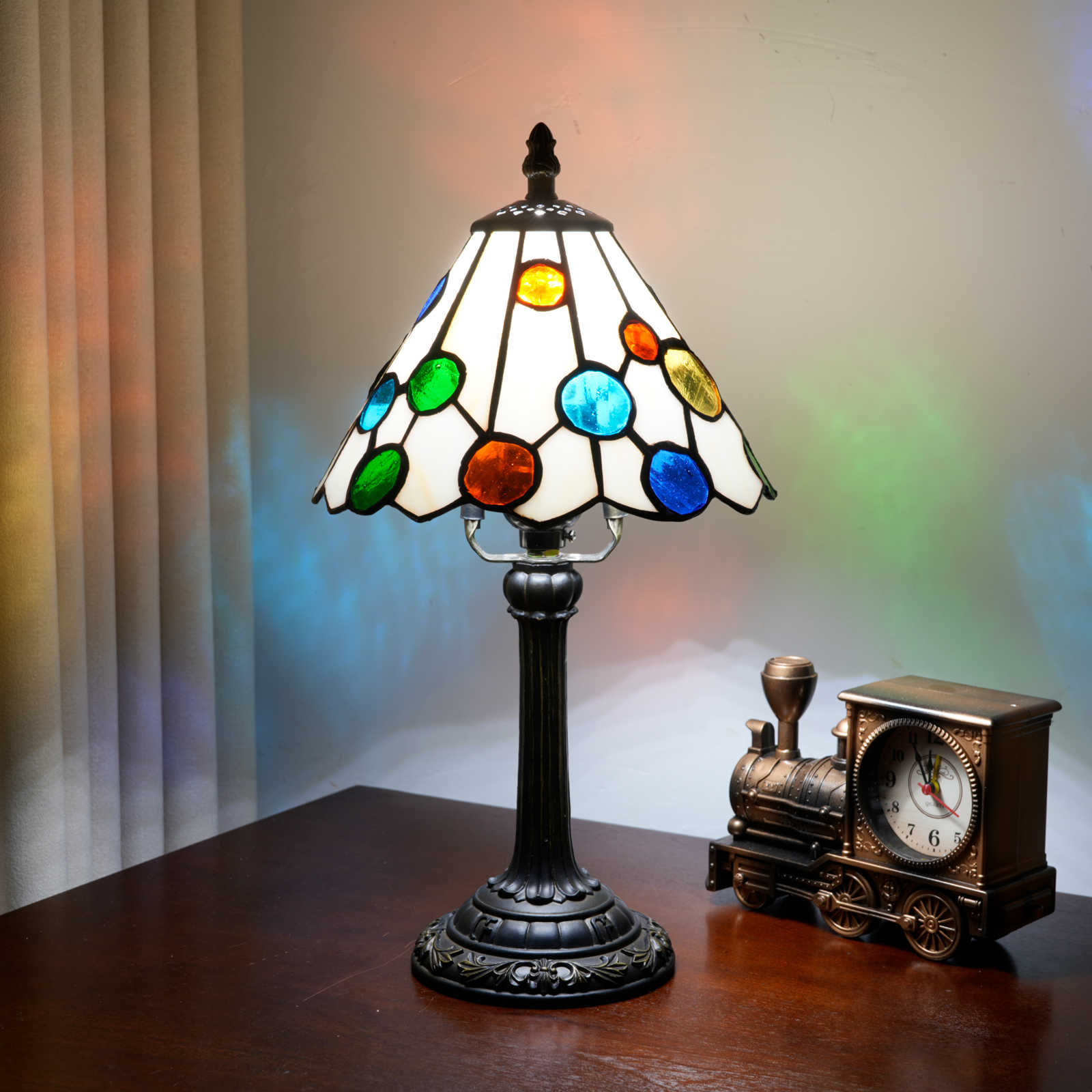 Blivuself 8 Inch Tiffany Style Multicolor Polka Dot Stained Glass Table Lamp, Small Whimsical Desk Light with Rainbow Jewel Accent Shade, Antique Bronze Resin Base, for Living Room, Bedroom, Office, Nightstand & Kids Room Decor OFU1447