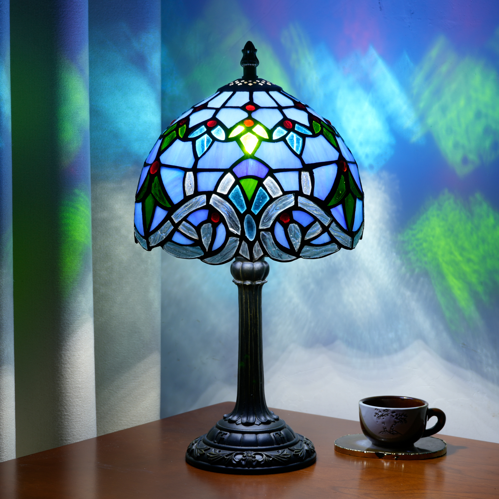 Blivuself Vintage Blue Baroque Tiffany Table Lamp, 8 Inch Handcrafted Stained Glass Art Deco Nightstand Lamp with Antique Bronze Finish Aluminium Alloy Base, Jeweled Bedside Light for Bedroom, Living Room, Office, Home Decor OFU1409