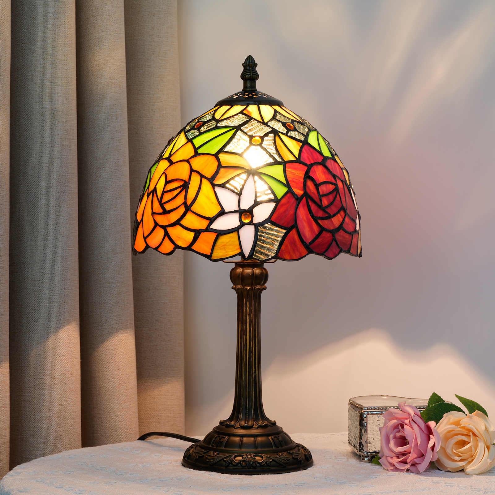 Blivuself Tiffany  Stained Glass Orange-Red Bright-Colored And Beautifulm Roseflowers  Table Lamp Bedroom Bedside Reading Lamp Office Dorm Bar Vintage Style Decor Unique Lovely Cottage 8 Inch Country Nightstand Lamp 8 Inches Gorgeous Rose Desk Lamp OFU974
