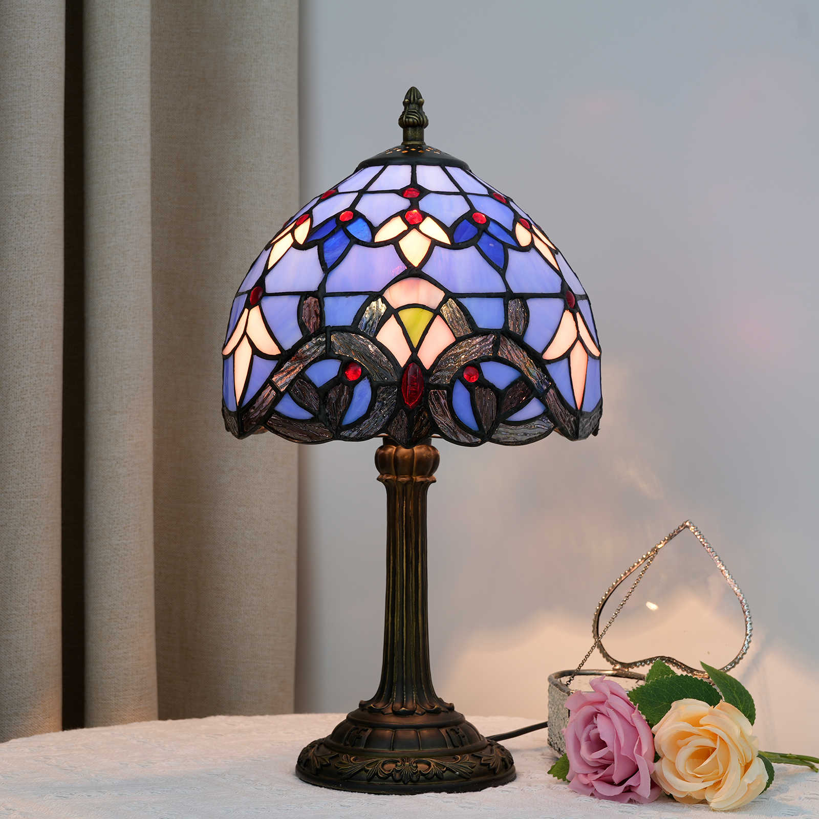 Blivuself Tiffany  Stained glass Blue Baroque  Table Lamp Bedroom Bedside Reading lamp Office Dorm bar Vintage style decor Unique lovely cottage 8 inch country nightstand lamp 8 inches Blue Baroque lamp OFU973