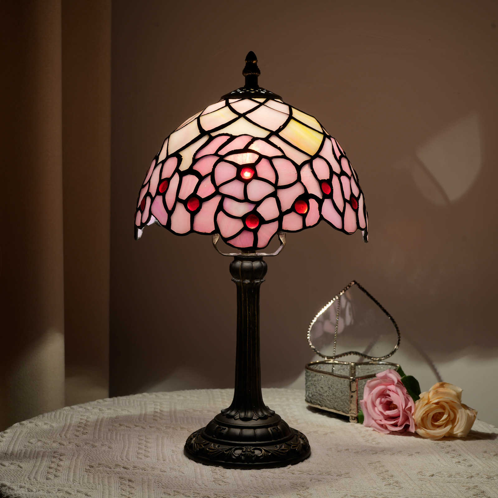 Blivuself Tiffany Stained glass Pink Cherry Blossom Bedroom bedside Reading light Office Dorm Bar Retro Romantic style decor Unique Lovely cottage 8 inch country nightstand light 8 inch cherry blossom lamp OFU1055