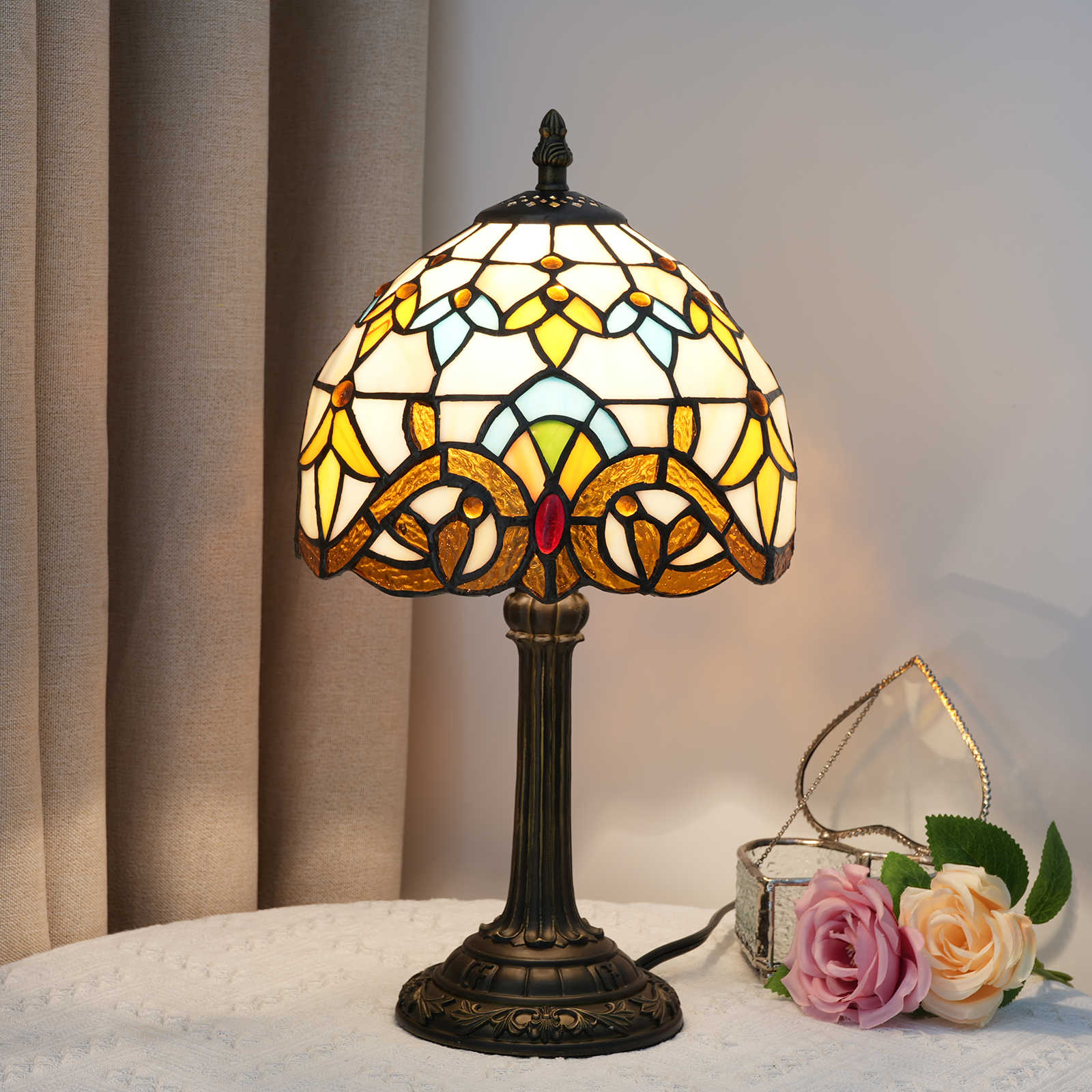 Blivuself Tiffany  Stained Glass Yellow Baroque  Table Lamp Bedroom Bedside Reading Lamp Office Dorm Bar Vintage Style Decor Unique Lovely Cottage 8 Inch Country Nightstand Lamp 8 Inches Baroque Desk  Table Lamp OFU984