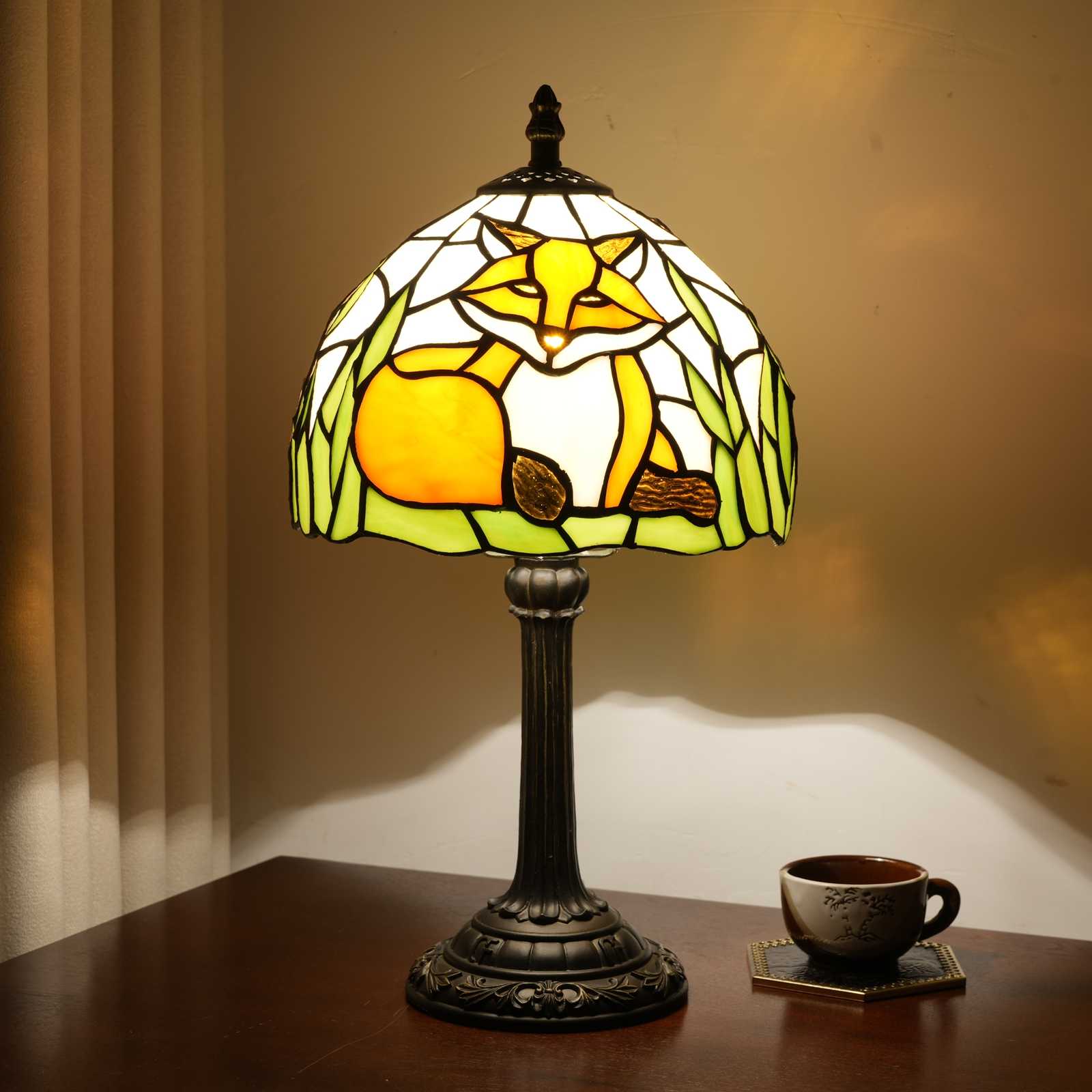 Blivuself Tiffany Table Lamp 8 Inch Stained Glass Table Lamp Warm Color Reading Lamp Orange Fox Suitable For Bedroom Dormitory Dining Room Living Room And Other Tiffany Retro Style Classical Art Home Decoration Art（OFU1300）