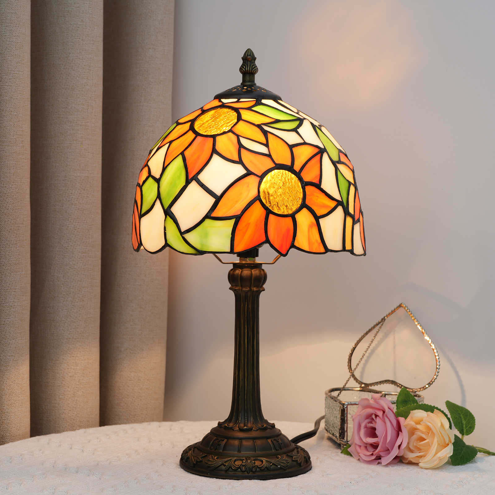 Blivuself Tiffany  Stained Glass Light Orange Sunflower  Table Lamp Bedroom Bedside Reading Lamp Office Dorm Bar Vintage Style Decor Unique Lovely Cottage 8 Inch Country Nightstand Lamp 8  Inches Sunflower Desk Lamp OFU970