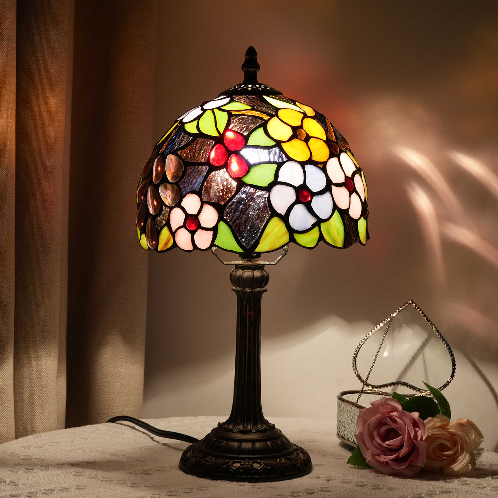 Blivuself Tiffany  Stained Glass Purple 8-Inch Grape Flower  Table Lamp Bedroom Bedside Reading Lamp Office Dorm Bar Vintage Style Decor Unique Lovely Cottage Country Nightstand Lamp 8  Inches Grape Flower Table Lamp OFU962