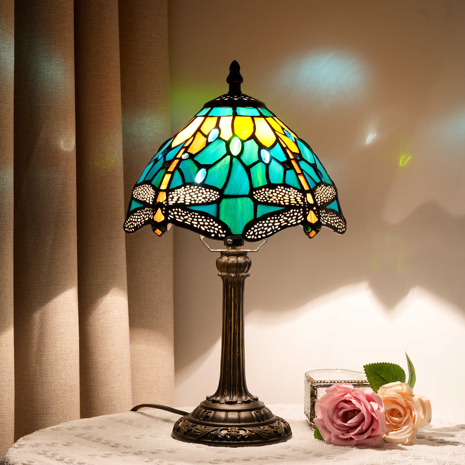 Blivuself Vintage Handcrafted Dragonfly Tiffany Stained Glass Table Lamp, Art Nouveau Style Accent Nightstand Lamp, Multi-Color Blue Green Glass Bedside Desk Light, Classic Antique Decorative Lamp for Bedroom Living Room Cottage Boho Home Decor, Unique Housewarming Birthday Gift for Nature & Vintage Art Lovers OFU935
