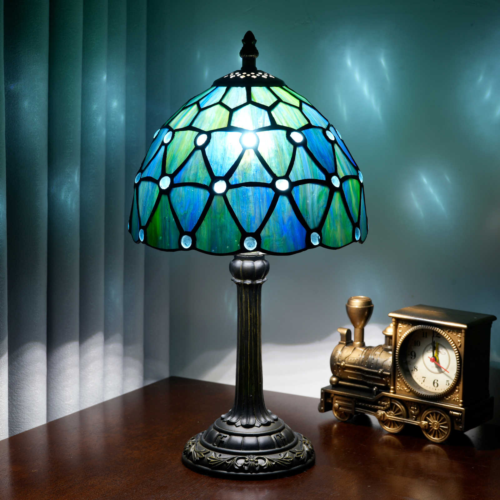 Blivuself Tiffany Table Lamp 8 Inch Stained Glass Table Lamp Blue Beads Warm Color Reading Lamp For Bedroom Dormitory Dining Room Study Tiffany Retro Style Home Decorative Arts And Crafts（OFU1316）
