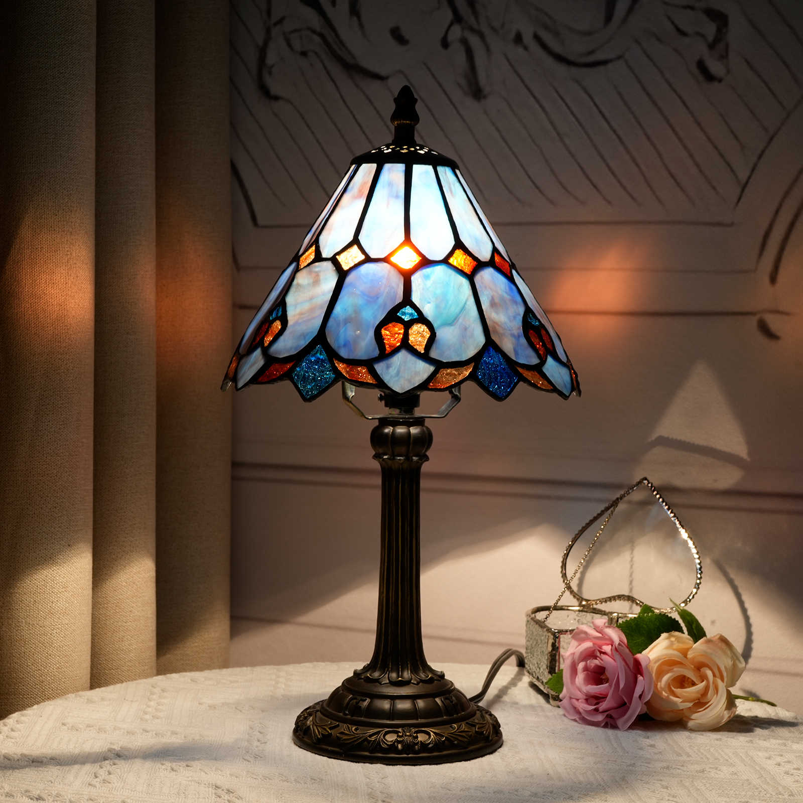 Blivuself Tiffany Stained Glass Purple Umbrella-Shaped Lamp Table Lamp Bedroom Bedside Reading Lamp Office Dormitory Bar Romantic Retro Style Decor Unique Lovely Cottage 8 Inch Country Nightstand Lamp 8 Inch Purple Umbrella Lamp OFU1157