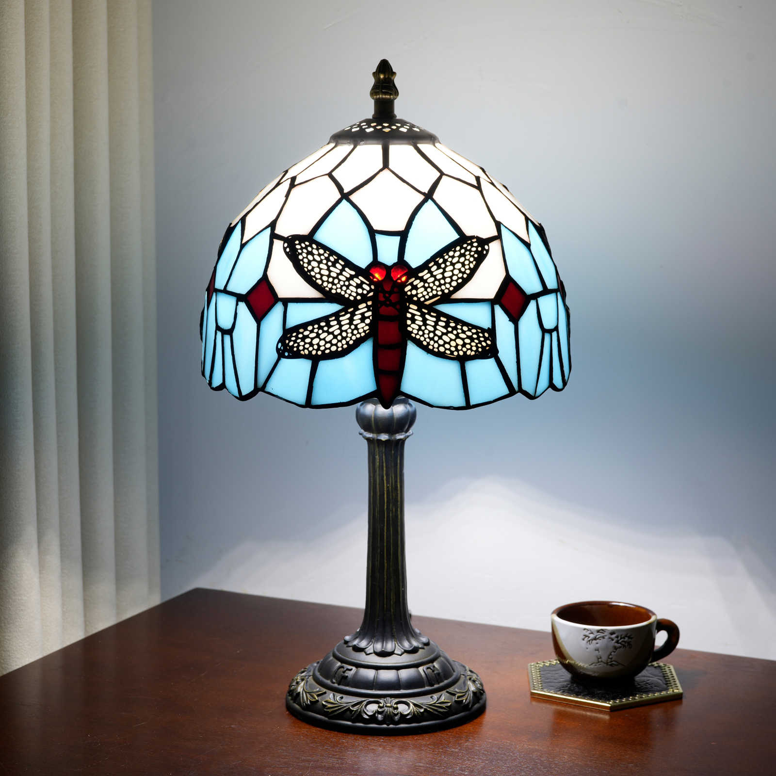 Blivuself Tiffany Table Lamp 8 Inch Stained Glass Table Lamp Warm Color Reading Lamp Blue White Dragonfly Tiffany Retro Style Classical Art Home Decoration Art Suitable For Bedrooms Dormitory Dining Room And So On（OFU1301）