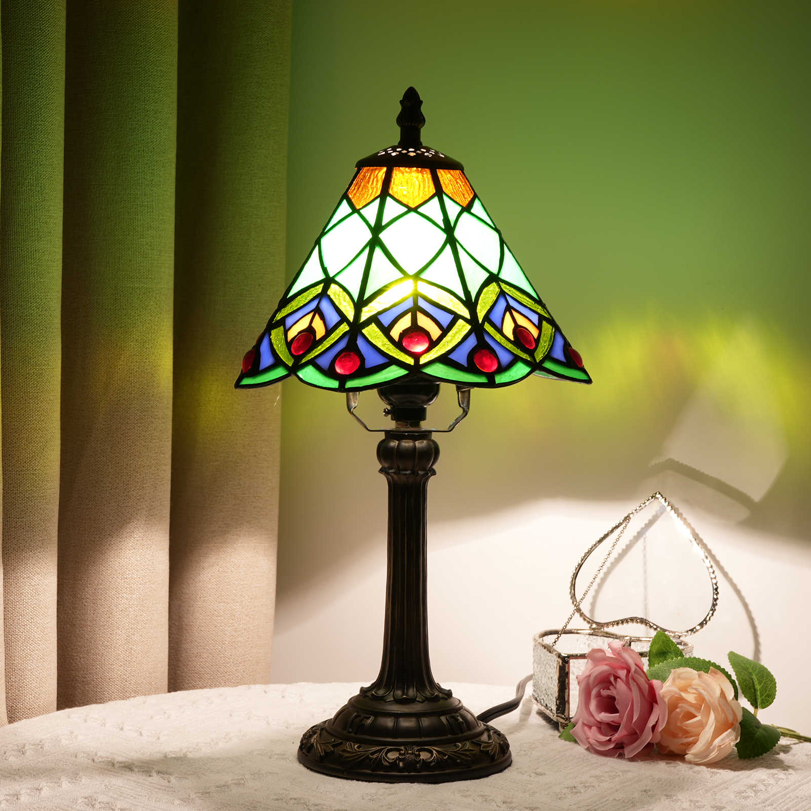 Blivuself Tiffany Stained Glass Green Peacock Tail Lamp Bedroom Bedside Reading Lamp Office Dorm Bar Vintage Style Decor Unique Lovely Cottage 8 Inch Country Nightstand Lamp 8 Inches Green Peacock Table Lamp OFU1054