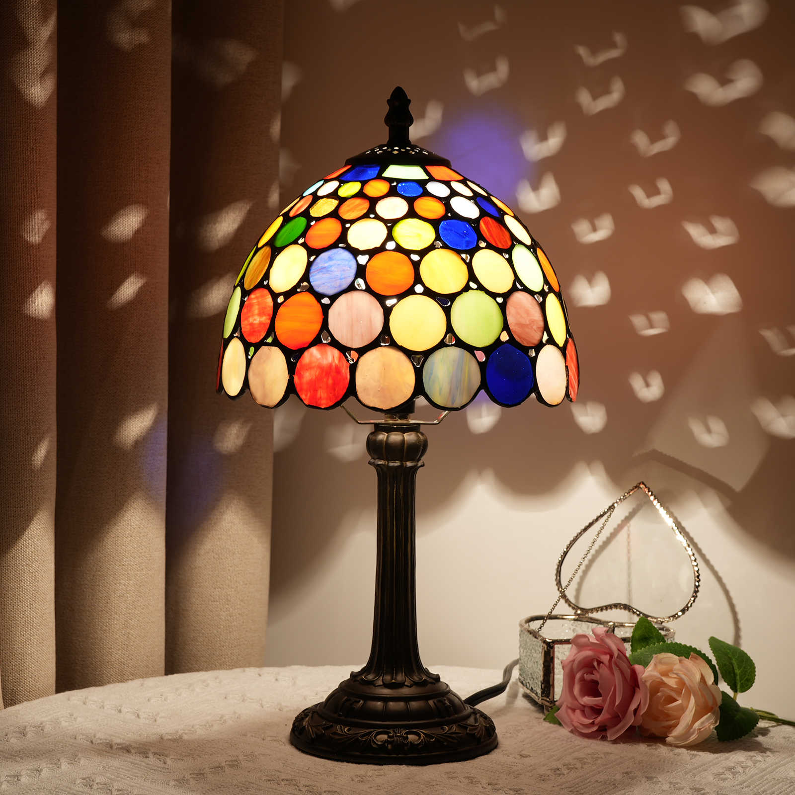 Blivuself Tiffany  Stained Glass Red Multicoloured Round Table Lamp Bedroom Bedside Reading Lamp Office Dorm Bar Vintage Style Decor Unique Lovely Cottage 8 Inch Country Nightstand Lamp 8 Inches Dazzling Wafer Table Lamp OFU983