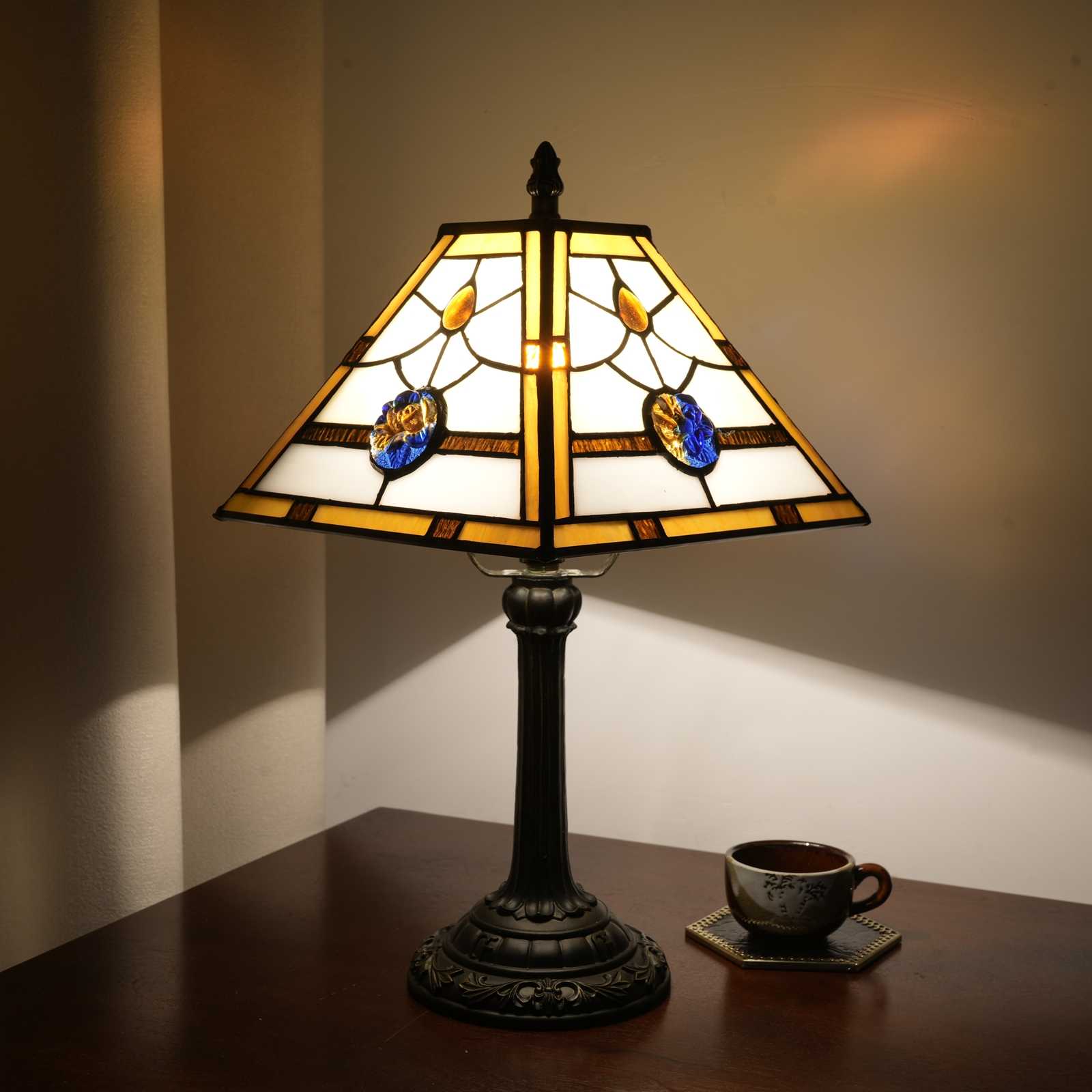 Blivuself Tiffany Stained Glass Red Blue Rose Square Table Lamp, 20cm Vintage Handmade Glass Lampshade, Suitable For Home Decoration Art Such As Bedroom Office Desk (OFU1234)