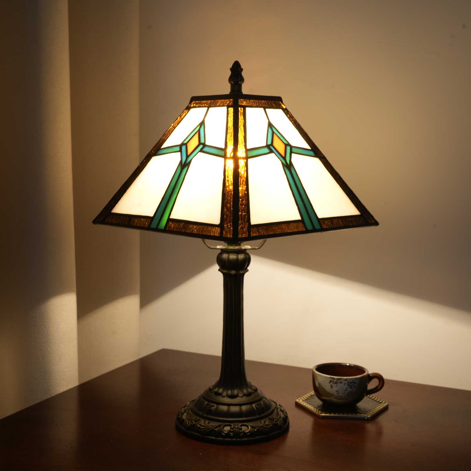 Blivuself Tiffany Style Handcrafted Square Table Lamp, 8-Inch Tea Green Stained Glass Bedside Lamp, Integrating Art Into Life, Suitable For Home Decoration Art In Dormitories, Dining Rooms, Office Areas, Etc（OFU1237）