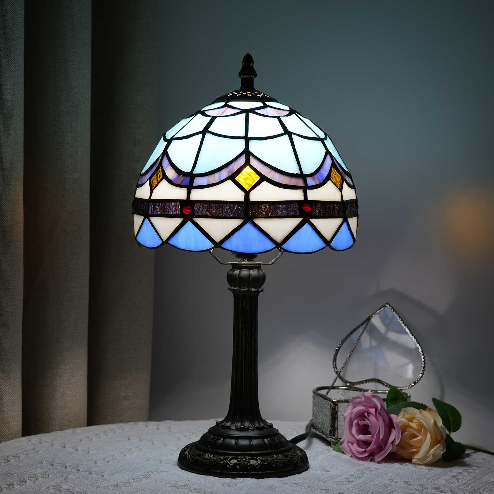 Blivuself Tiffany  Stained Glass Blue Feather Table Lamp Bedroom Bedside Reading Lamp Office Dorm Bar Vintage Style Decor Unique Lovely Cottage 8 Inch Country Nightstand Lamp 8 Inches Mediterranean Feather Table Lamp OFU985