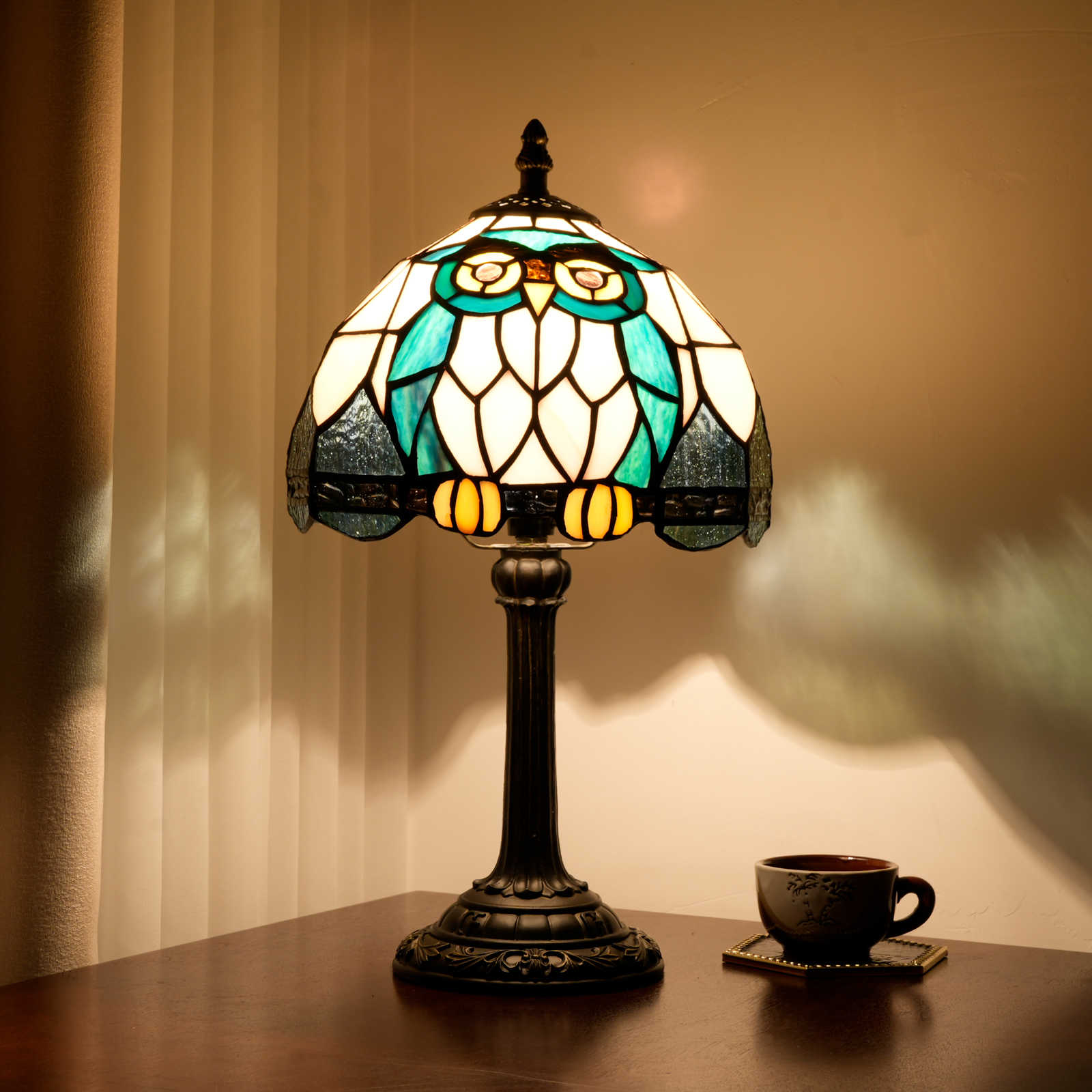 8-Inch Blivuself Tiffany Stained Glass Table Lamp, Animal Series Owl Design Bedside Lamp, Suitable For Bedroom Restaurant Hotel Cafe And Other Home Decoration Art (OFU1226, Teal)
