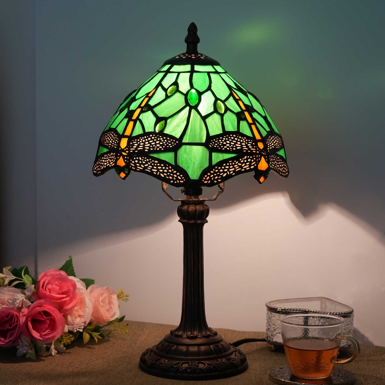 Blivuself Tiffany Stained glass Green Dragonfly Table Lamp Bedroom Bedside Reading light Office Dorm Bar Vintage style decor Unique Lovely cottage 8 inch country nightstand light 8 inch green dragonfly lamp OFU1057