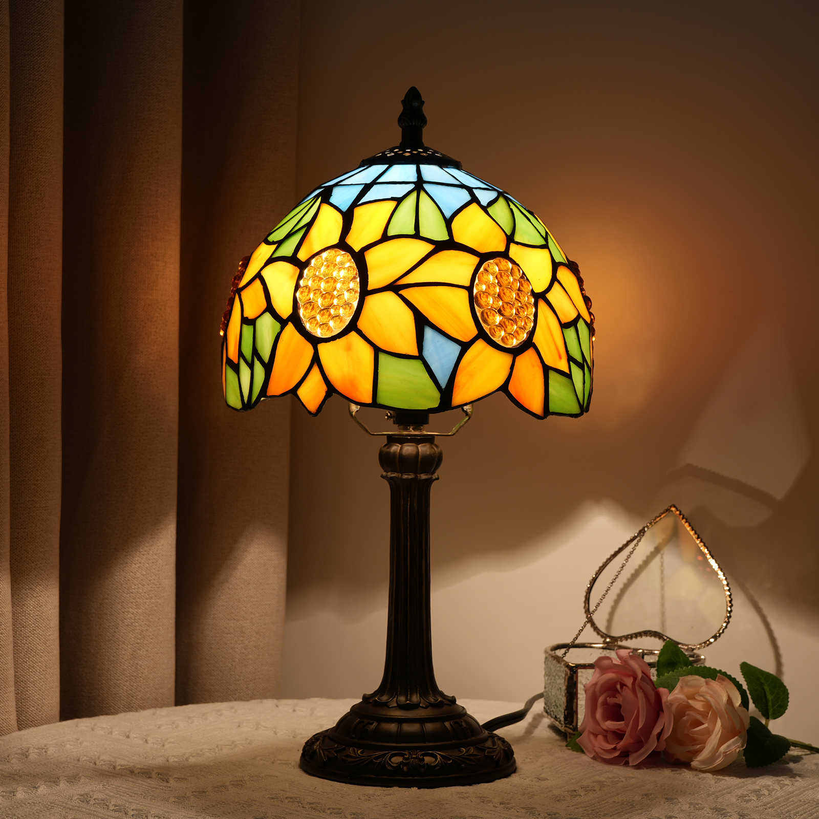 Blivuself Tiffany  Stained Glass Blue Sunflower  Table Lamp Bedroom Bedside Reading  Table Lamp Office Dorm Bar Retro Style Decor Unique Lovely Cottage 8 Inch Country Nightstand Lamp 8  Inches Blue Sunflower Desk Lamp OFU971
