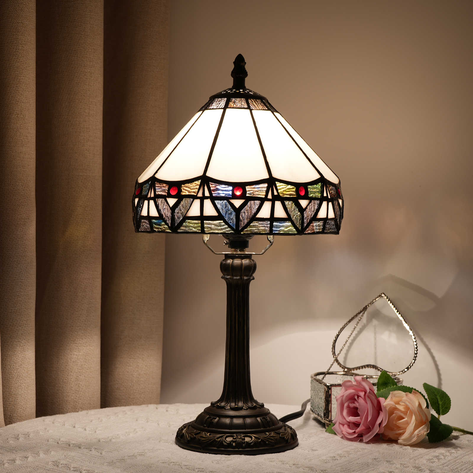 Blivuself Tiffany Stained Glass White Roman Minimalist Style Table Lamp Bedroom Bedside Reading Lamp Office Dormitory Bar Vintage Style Decor Unique Lovely Cottage 8 Inch Country Nightstand Lamp 8 Inches Roman Table Lamp OFU981