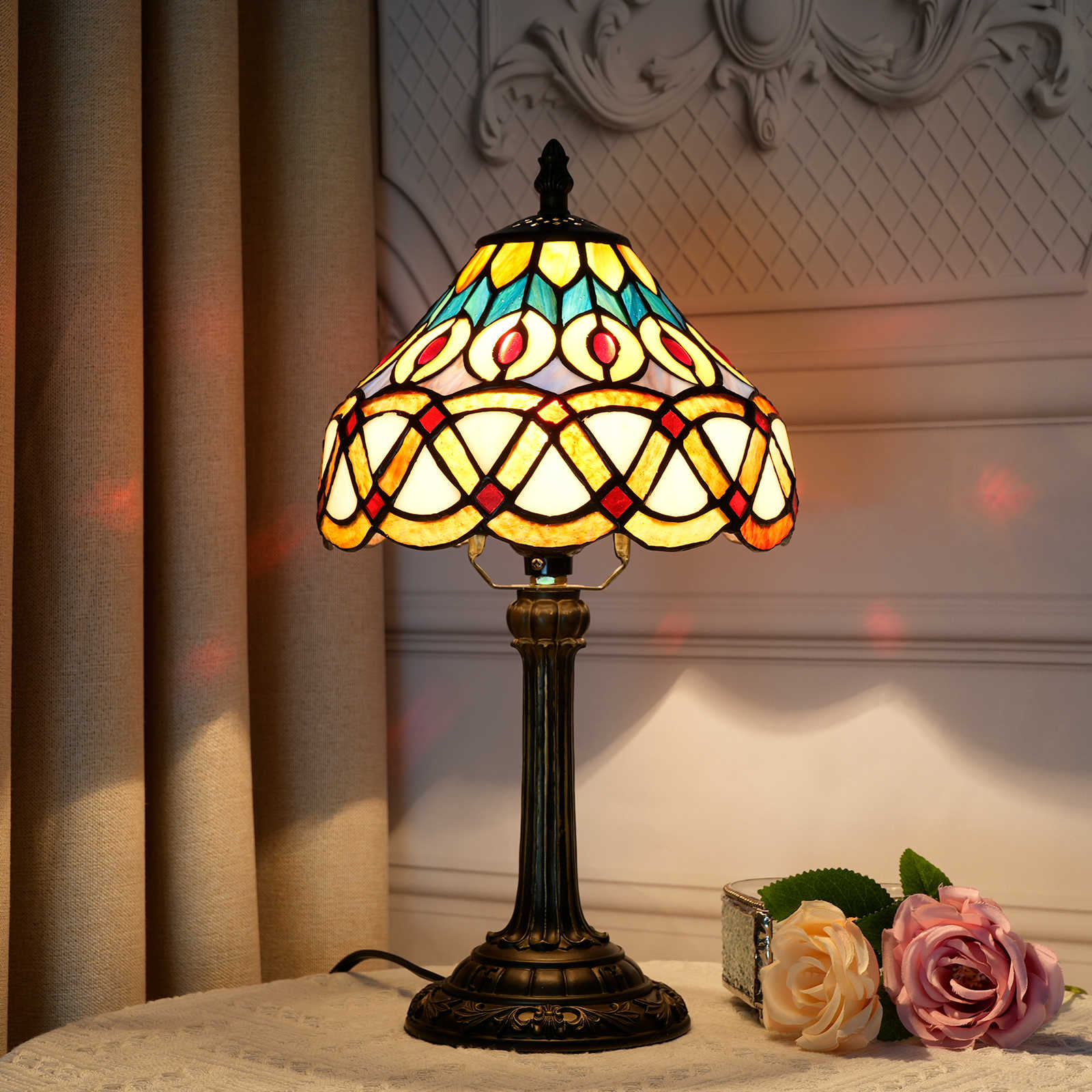 Blivuself Tiffany Stained Glass Yellow Peacock Tail Table Lamp Bedroom Bedside Reading Light Office Dorm Bar Vintage Style Decor Unique Lovely Cottage 8 Inch Country Nightstand Light 8 Inch Peacock Lamp With Yellow Base OFU1124