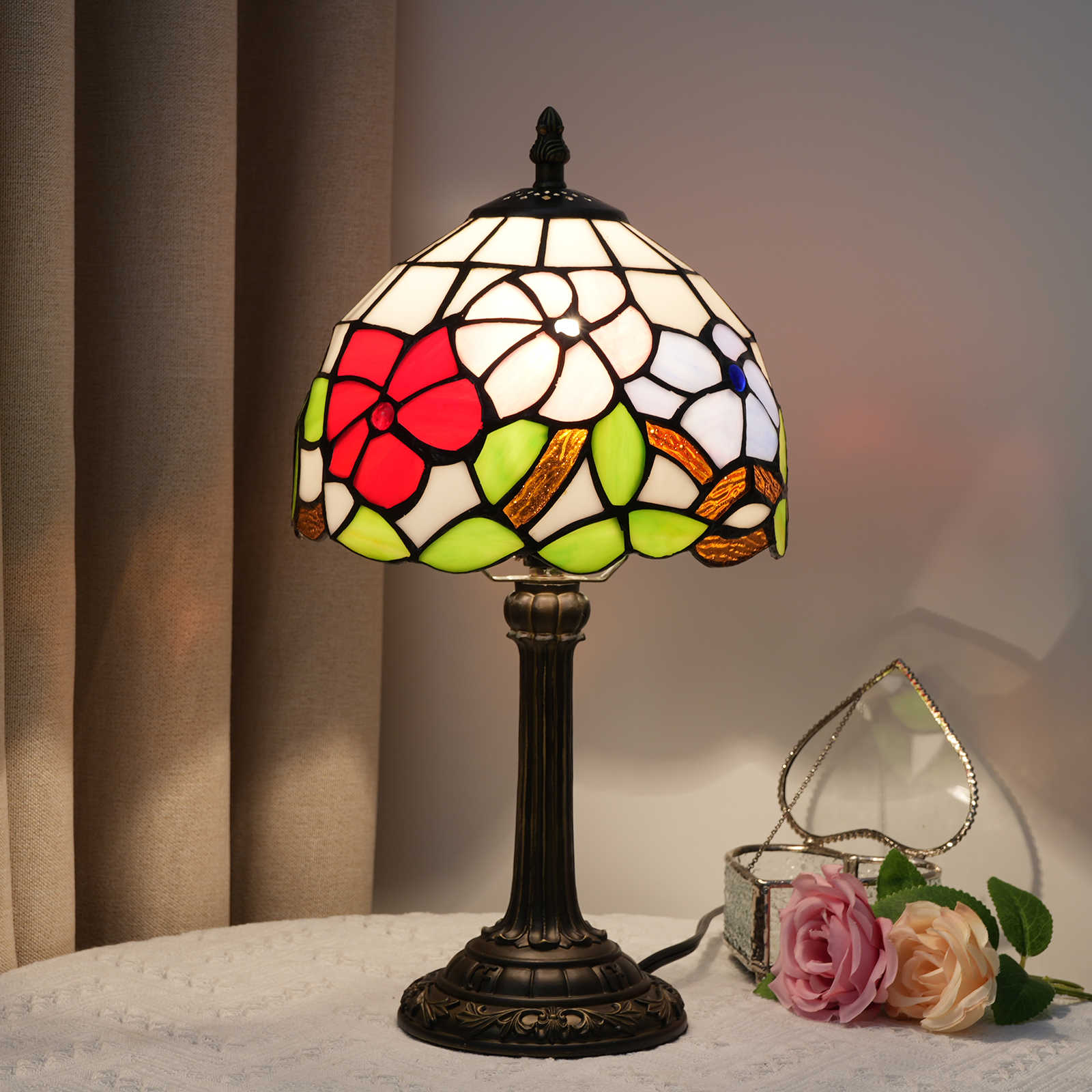 Blivuself Tiffany  Stained Glass Pink Tricolor Flower  Table Lamp Bedroom Bedside Reading Lamp Office Dorm Bar Vintage Style Decor Unique Lovely Cottage 8 Inch Country Nightstand Lamp 8  Inches Three Color Flower Lamp OFU972