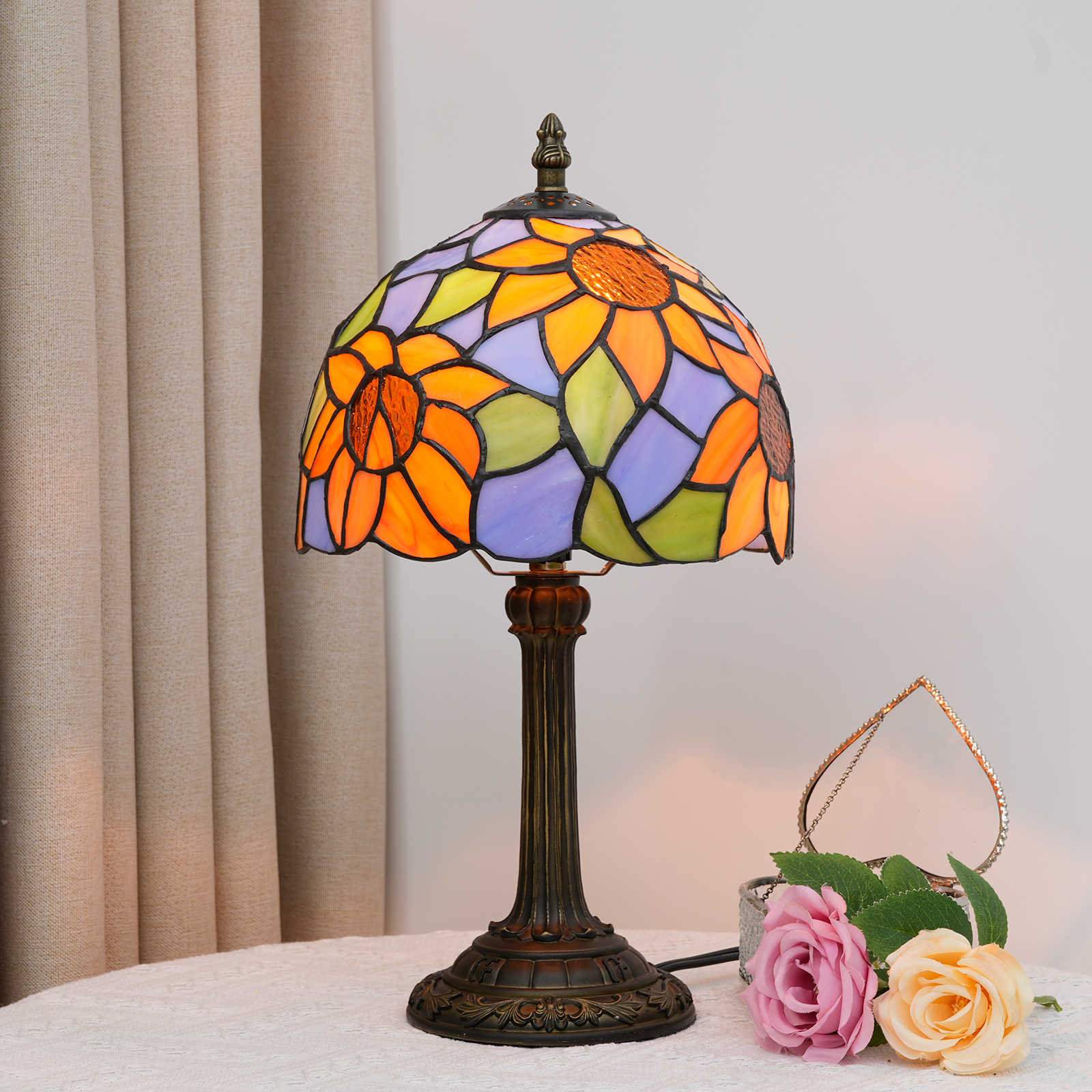 Blivuself Tiffany Stained Glass Light Blue Sunflower  Table Lamp Bedroom Bedside Reading Lamp Office Dorm Bar Vintage Style Decor Unique Lovely Cottage 8 Inch Country Nightstand Lamp 8 Inches Blue Sunflower Table Lamp OFU975