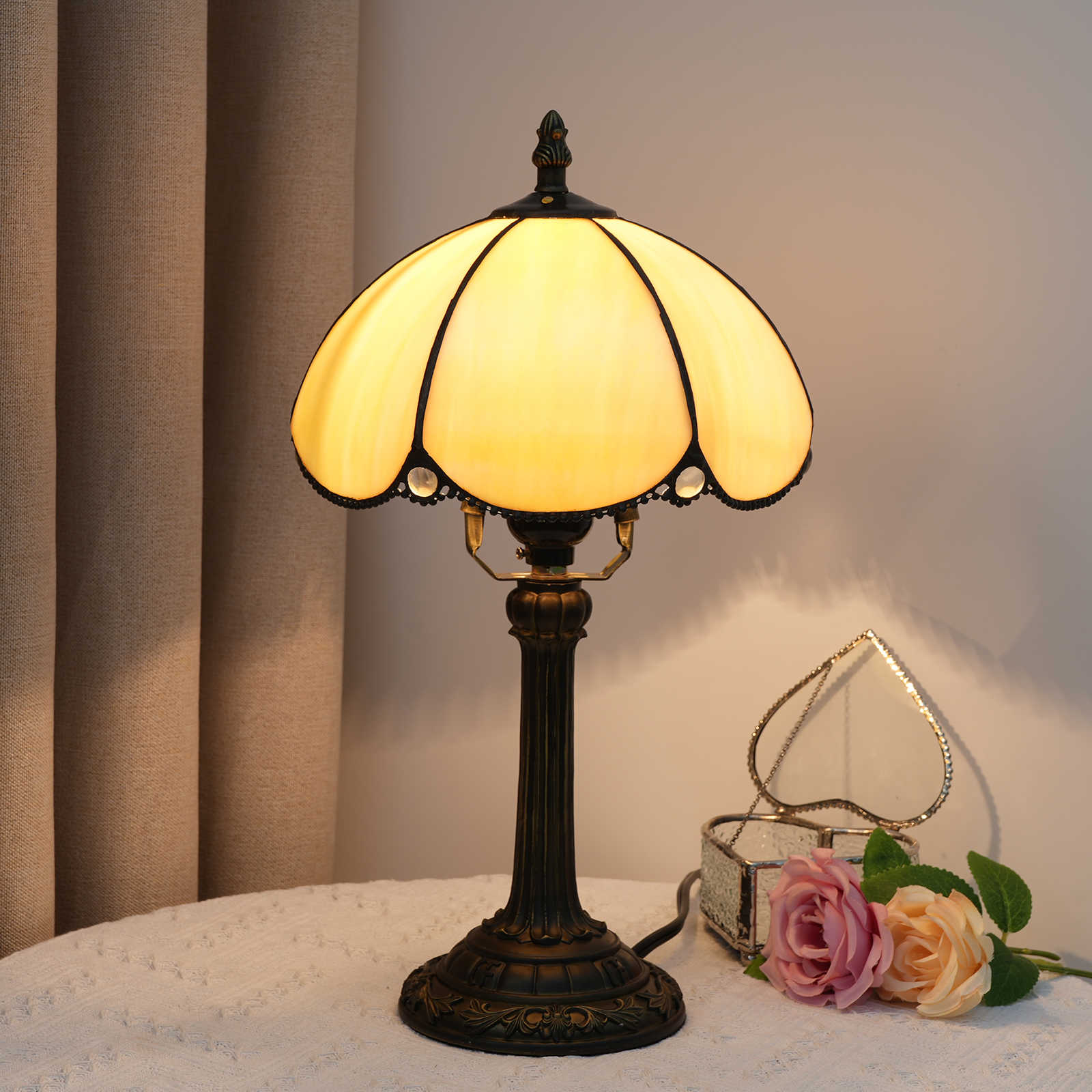 Blivuself Tiffany  Stained Glass Warm Simple European Baked Curved Table  Table Lamp Bedroom Bedside Reading Lamp Office Dorm Bar Retro Style Decor Unique Lovely Cottage 8 Inch Country Nightstand Lamp 8 Inches Jane'S Baked Curved Table Lamp OFU979