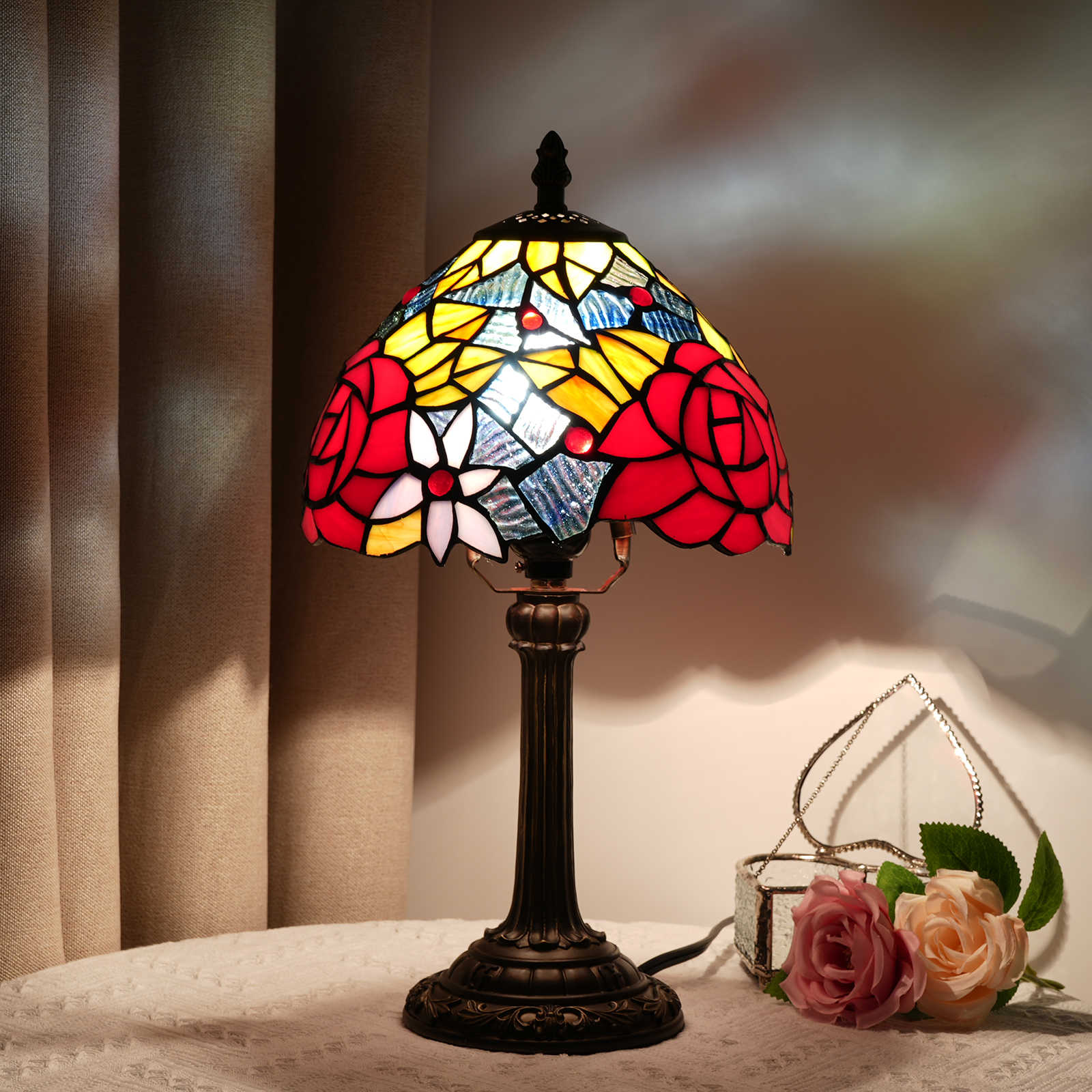 Blivuself Tiffany  Stained Glass Red Rose  Table Lamp Bedroom Bedside Reading Lamp Office Dorm Bar Vintage Style Decor Unique Lovely Cottage 8 Inch Country Nightstand Lamp 8 Inches Red Rose Desk Lamp OFU963