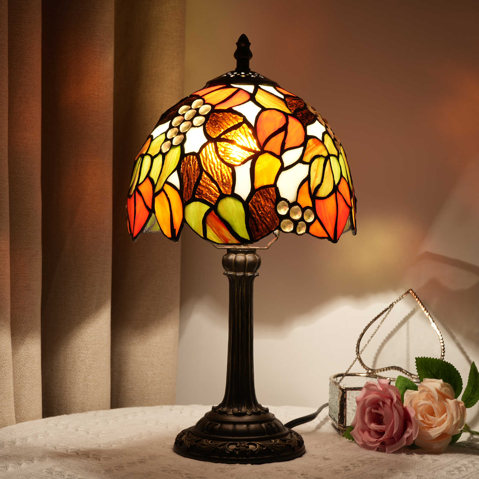  Blivuself Tiffany  Stained Glass Light Brown Maple Leaf Grape  Table lamp Bedroom Bedside Reading Light Office Dorm Bar Vintage style decor Unique lovely decorated cabin 8 inch country nightstand light 8 inch Maple leaf grape Table lamp OFU932