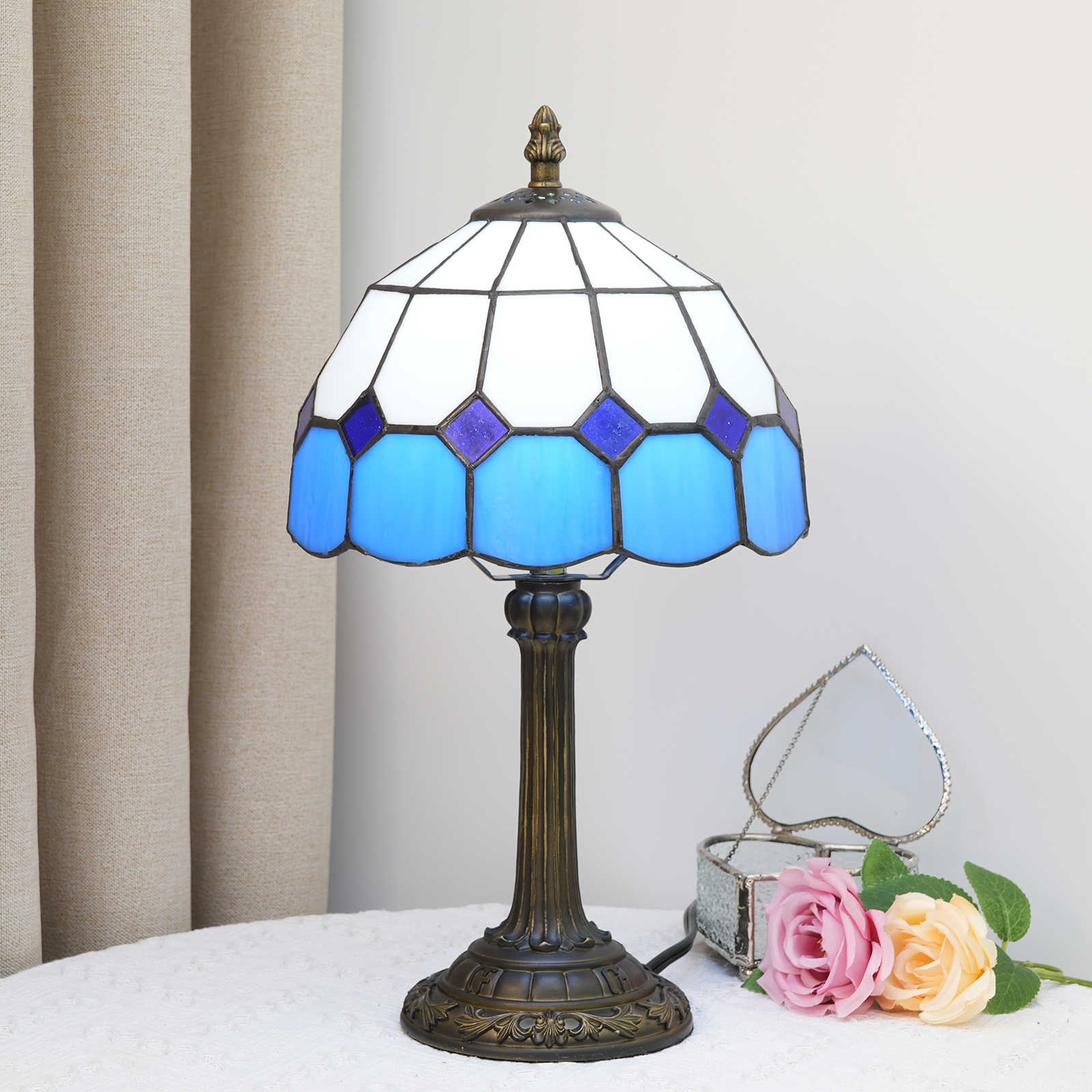 Blivuself Tiffany  Stained Glass Light Blue White Plaid Desk  Table Lamp Bedroom Bedside Reading Light Office Dorm Bar Vintage Style Decor Unique Lovely Cottage 8 Inch Country Nightstand Light 8 Inches  Blue And White Plaid Desk Lamp OFU976