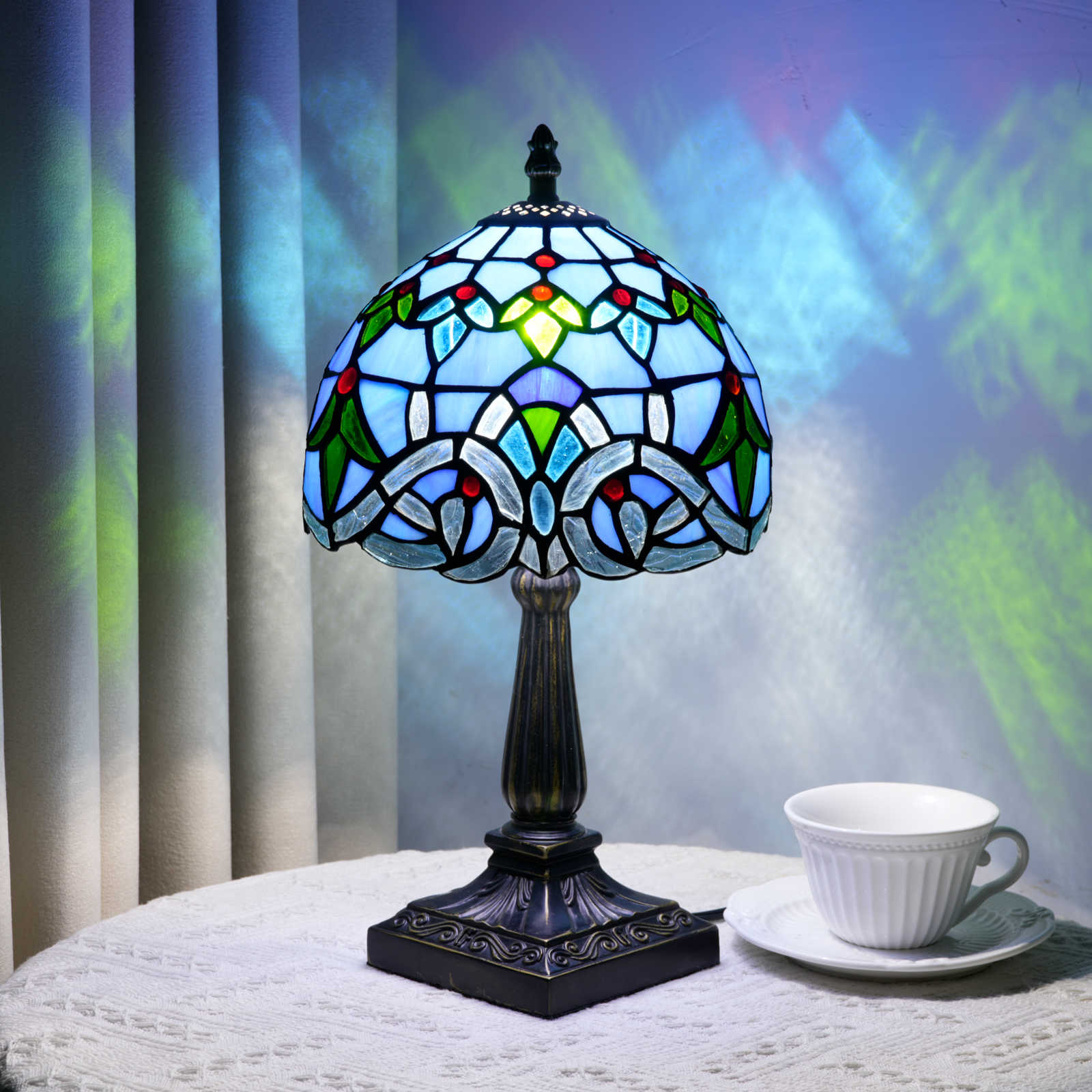 Blivuself Blue Floral Tiffany Style Stained Glass Table Lamp, 8 Inch Art Deco Bedside Light, Vintage Jeweled Nightstand Lamp with Antique Bronze Base for Bedroom, Living Room, Home Office Decor OFU1444