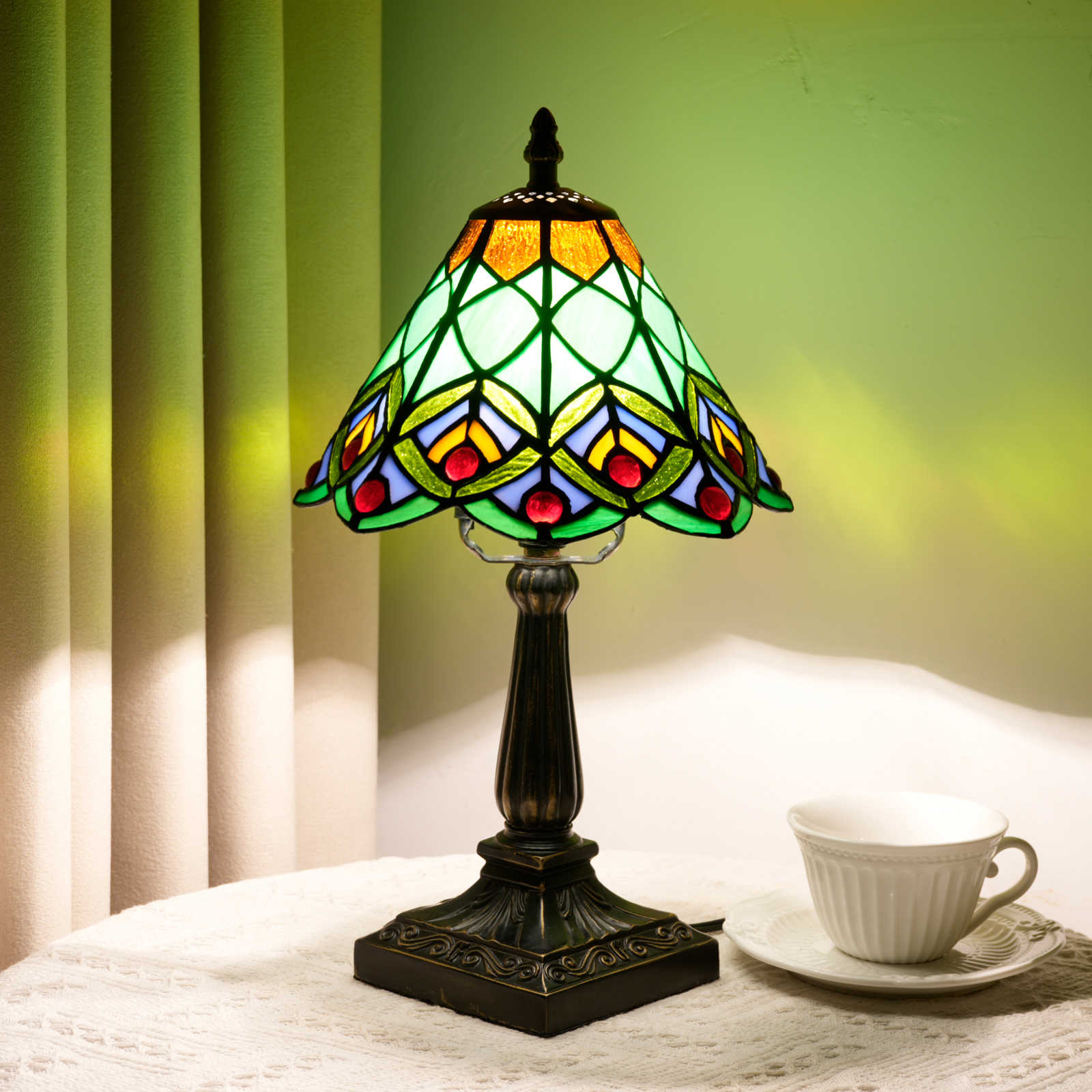 Blivuself Multicolor Art Deco Tiffany Style Stained Glass Table Lamp, 8 Inch Green & Orange Bedside Light, Vintage Jeweled Nightstand Lamp with Antique Bronze Base for Bedroom, Living Room, Home Office Decor OFU1443