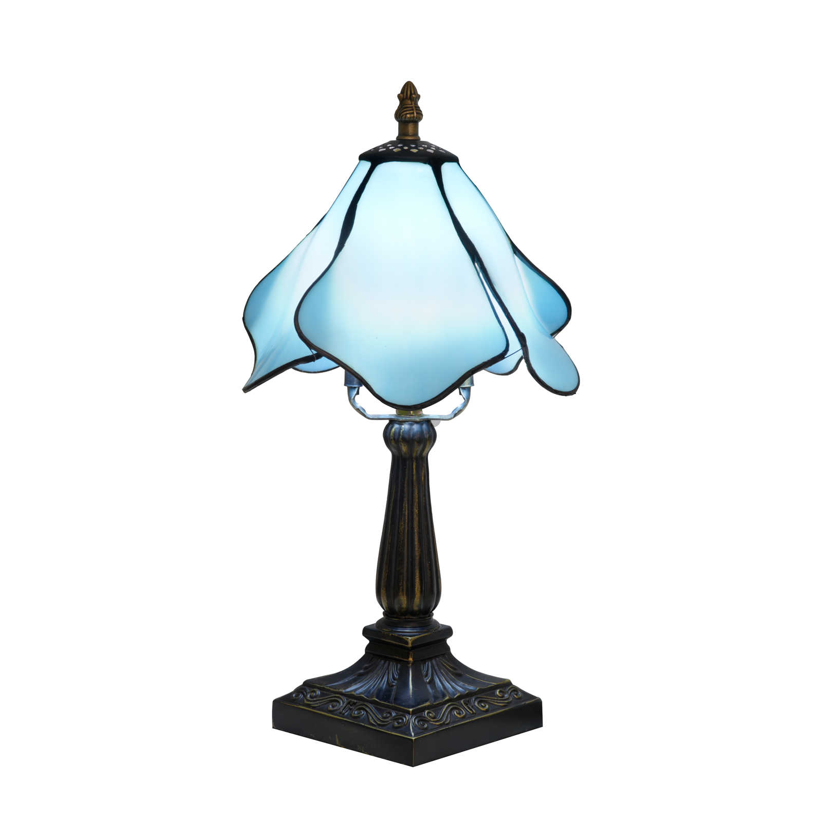 Blivuself Small Light Blue Lotus Tiffany Style Stained Glass Table Lamp, 8 Inch Floral Nightstand Light, Vintage Boho Decorative Lamp for Bedroom, Living Room, Apartment, and Home Office OFU1441