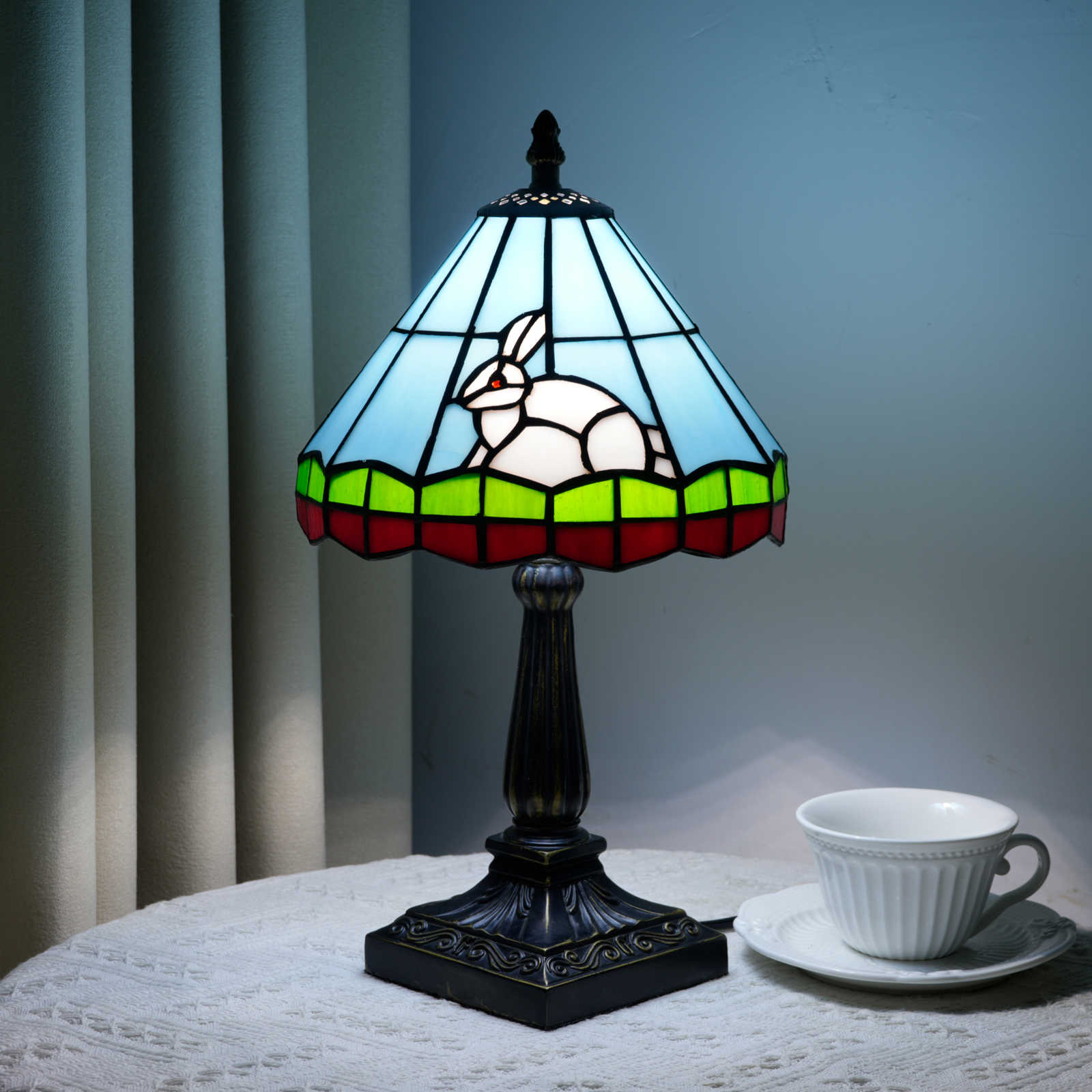 Blivuself Rabbit Tiffany Style Stained Glass Table Lamp, 8 Inch Blue Animal Themed Bedside Light, Vintage Whimsical Nightstand Lamp with Antique Bronze Base for Bedroom, Living Room, Home Office Decor OFU1438