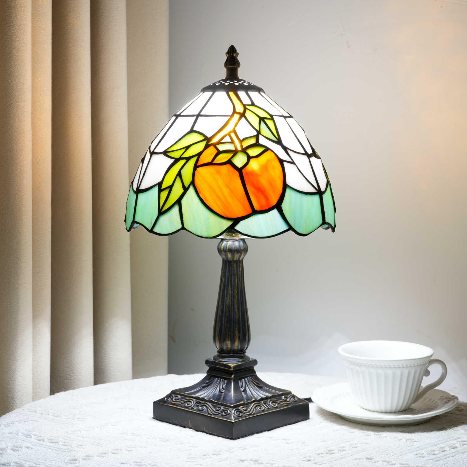 Blivuself Orange Persimmon Stained Glass Tiffany Table Lamp, Handcrafted Whimsical Fruit Design, Small Vintage Nightstand Light with Bronze Base for Bedroom, Reading Nook, and Farmhouse Home Decor OFU1429