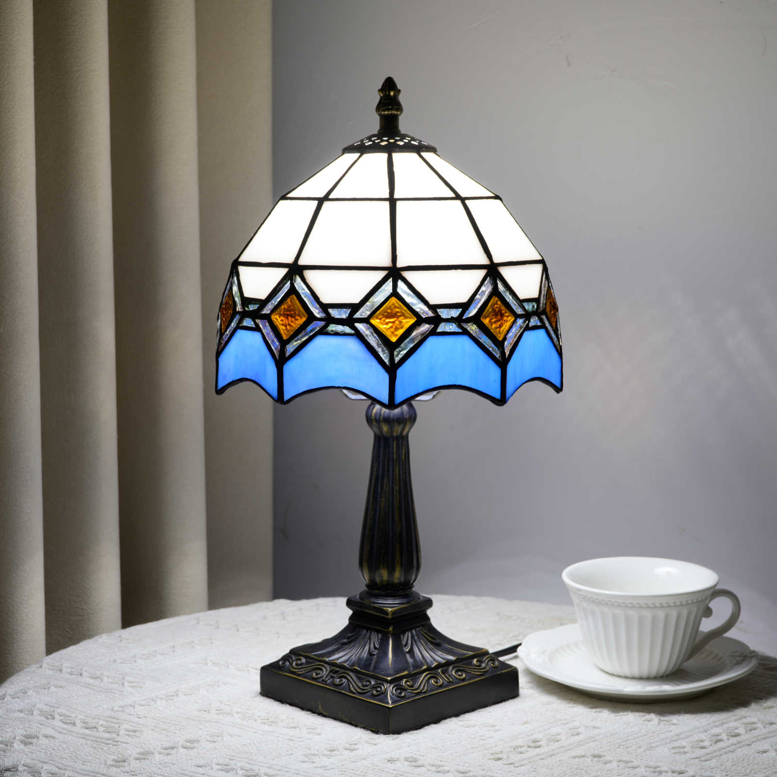 Blivuself Tiffany Style Stained Glass Table Lamp, 8 Inch Blue & Amber Art Deco Bedside Light, Vintage Victorian Nightstand Lamp With Antique Bronze Base For Bedroom, Living Room, Home Office Decor OFU1426