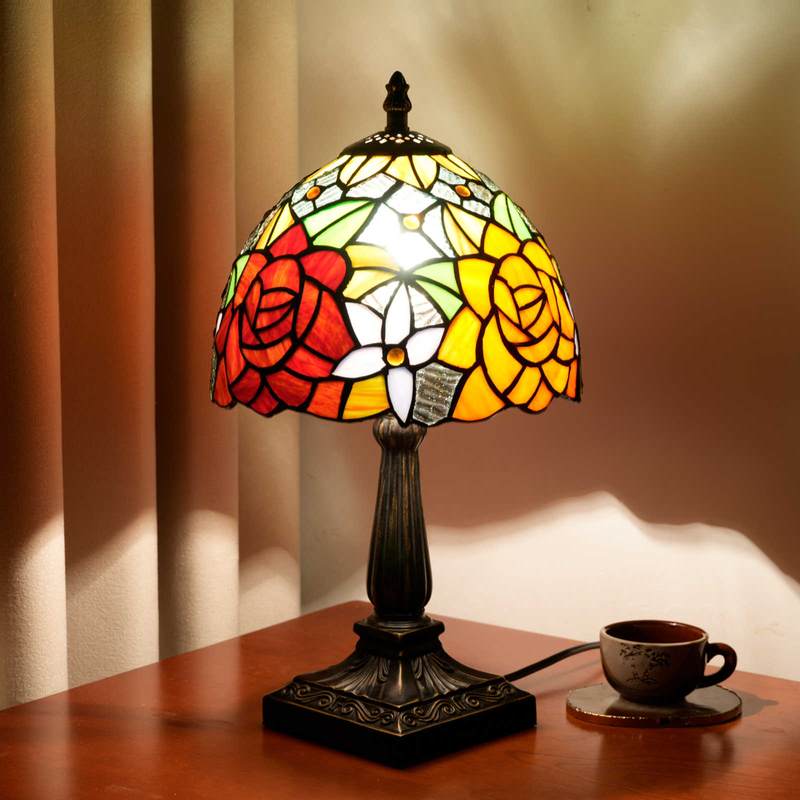 Blivuself  Red Orange Rose Tiffany Style Table Lamp, 8 Inch Handcrafted Floral Stained Glass Shade With Antique Bronze Base, Vintage Accent Light For Bedroom Living Room<OFU1407>