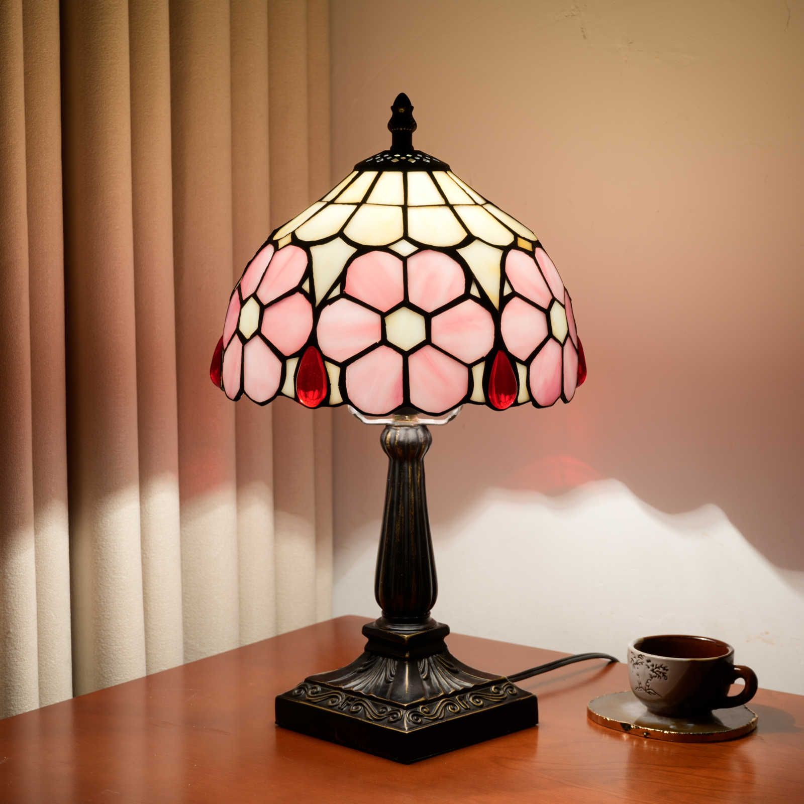 Blivuself  Pink Floral Tiffany Style Table Lamp, 8 Inch Stained Glass Flower Shade With Antique Bronze Base, Vintage Accent Light For Bedroom Living Room<OFU1411>