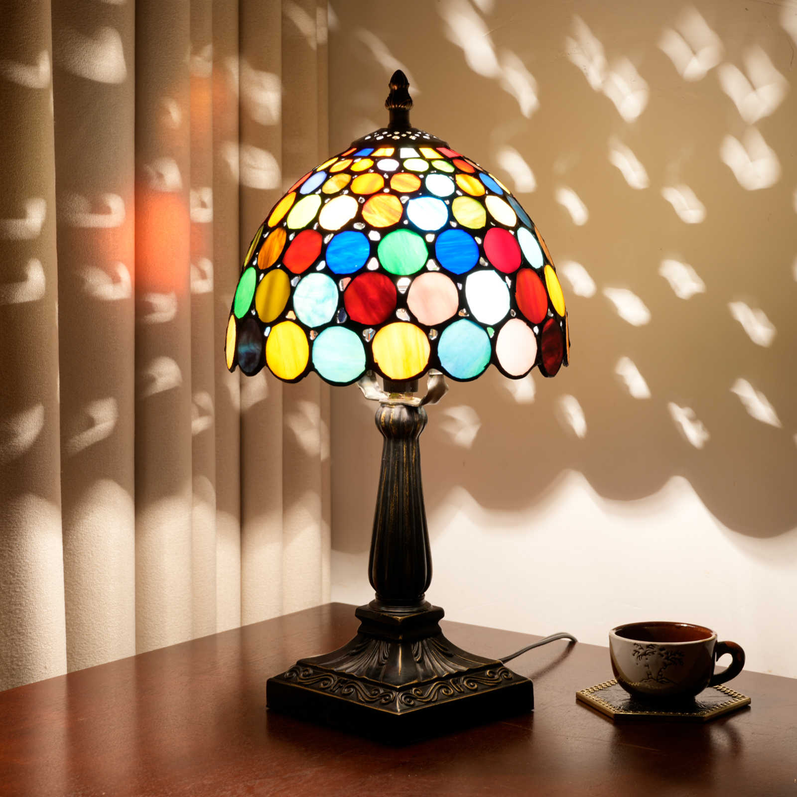 Blivuself Rainbow Polka Dot Tiffany Style Stained Glass Table Lamp, Vibrant Multicolor Accent Light,The width of the lampshade is 20 centimeters / 8 inches.Vintage Resin Base, Ideal for Kids Rooms  Playful Home Accents<OFU1397>