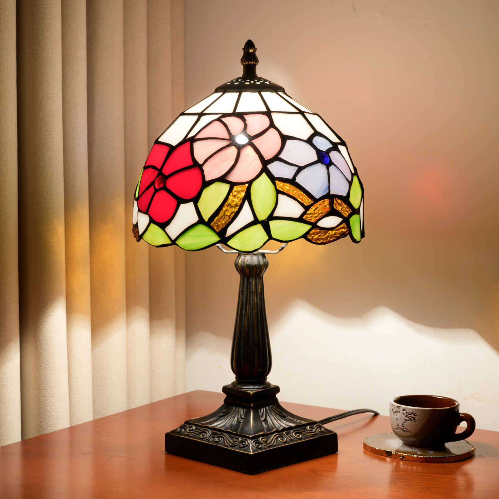 Blivuself  Multicolor Morning Glory Tiffany Style Table Lamp, 8 Inch Floral Stained Glass Shade With Antique Bronze Base, Vintage Accent Light For Bedroom Living Room<OFU1410>
