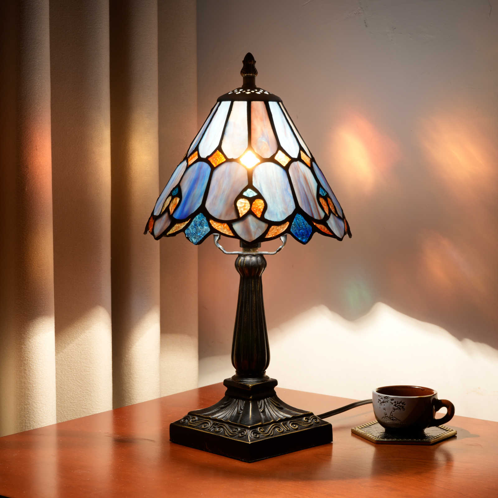 Blivuself Purple Blue Tiffany Style Table Lamp, 8 Inch Handcrafted Stained Glass Shade with Antique Bronze Resin Base, Vintage Accent Light for Bedroom, Living Room and Home Office Decor<OFU1405>