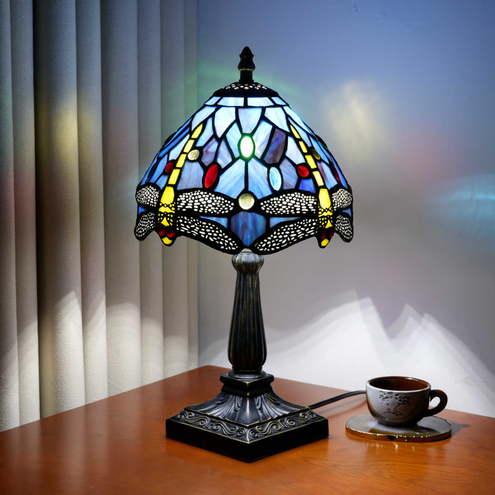 Blivuself  Dragonfly Pattern Tiffany Stained Glass Table Lamp, 8 Inch Art Deco Bedside Lamp with Blue Dragonfly Design Vintage Accent Light for Bedroom Living Room<OFU1412>