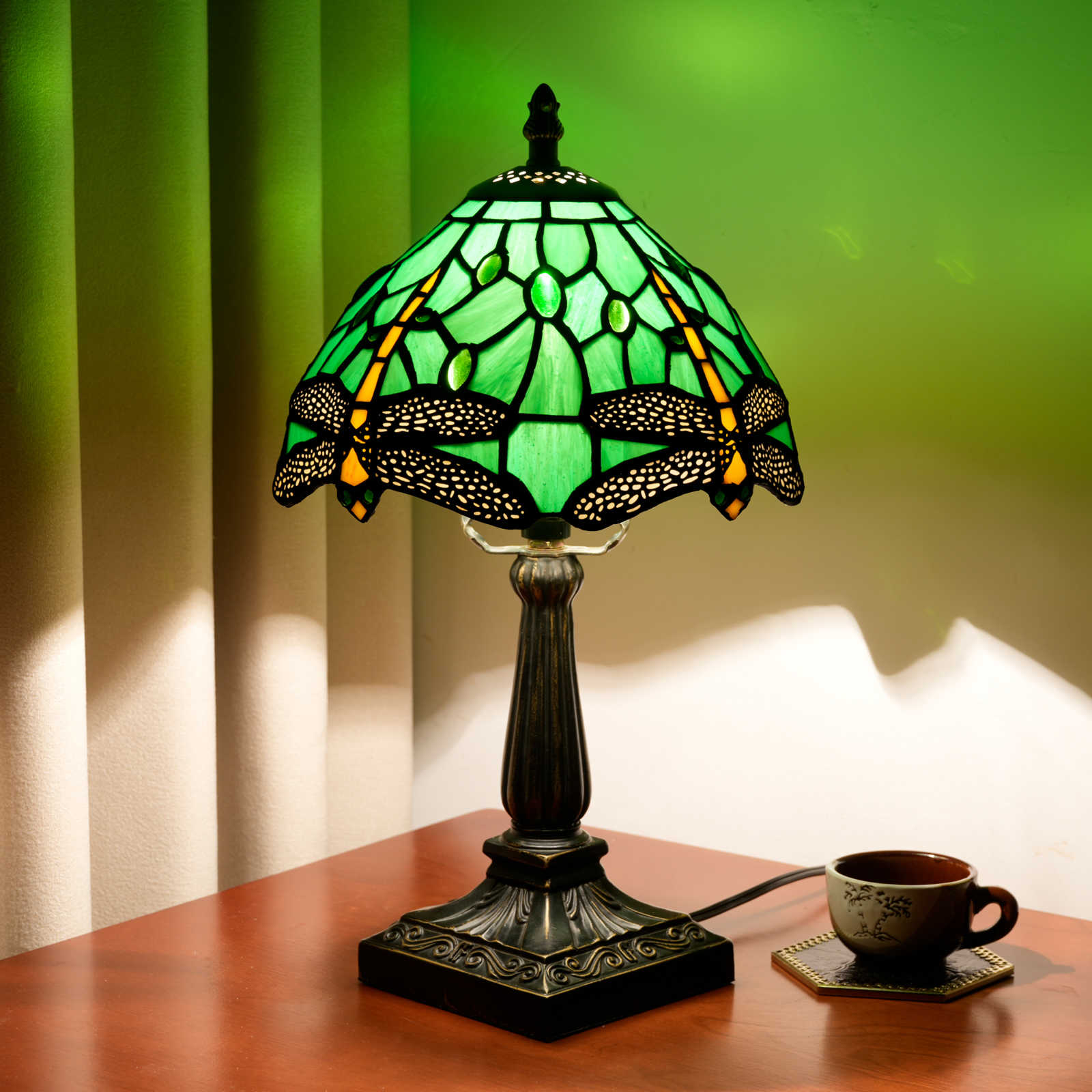 Blivuself Green Dragonfly Tiffany Style Lamp 8 Inch  Handmade Stained Glass Table Lamp Vintage Accent Light For Bedroom Living Room Home Office<OFU1406>