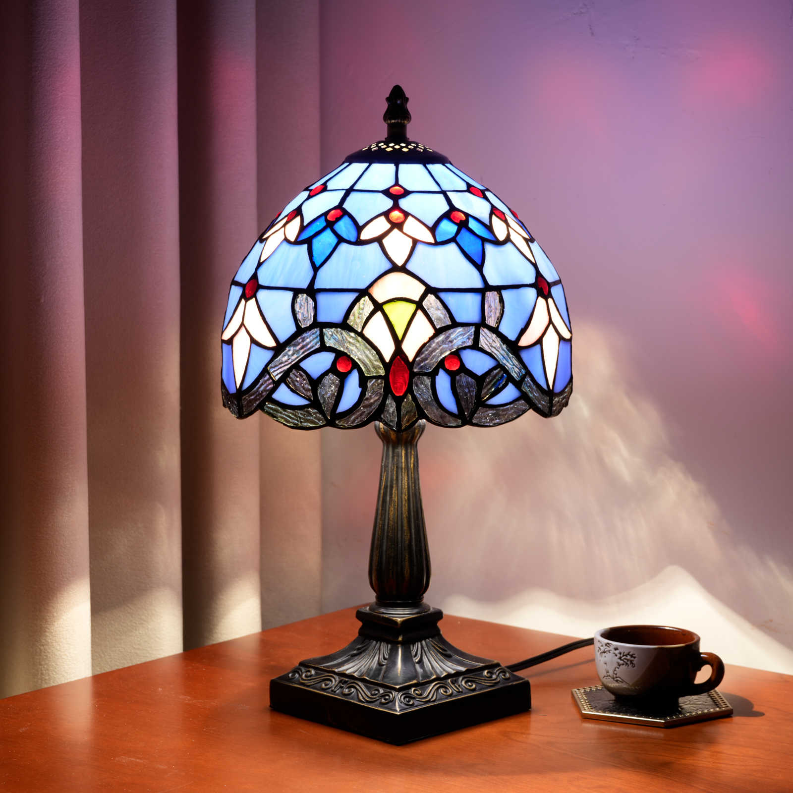 Blivuself Blue Baroque Tiffany Table Lamp 8 Inch  Stained Glass Shade 14.4 Inch  Vintage Accent Lamp Suitable For Bedroom Living Room Dining Room Warm Home Atmosphere<OFU1404>