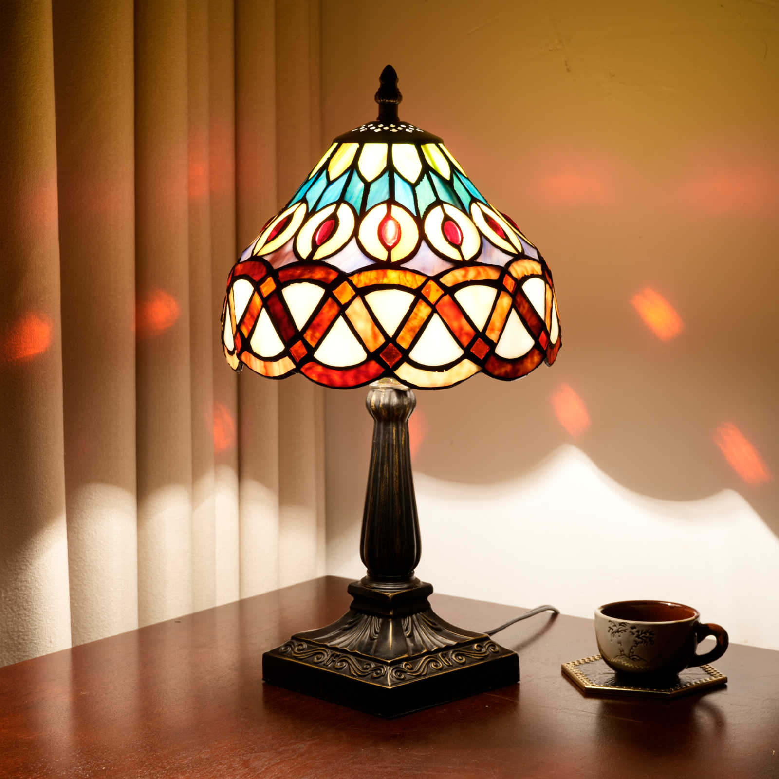 Blivuself  Tiffany Style Stained Glass Table Lamp Ornate Art Deco Accent Light The width of the lampshade is 20 centimeters / 8 inches Multicolor Glass Shade, Antique Resin Base for Living Room Bedroom Home Decor Elegant Home Office Decor<OFU1398>
