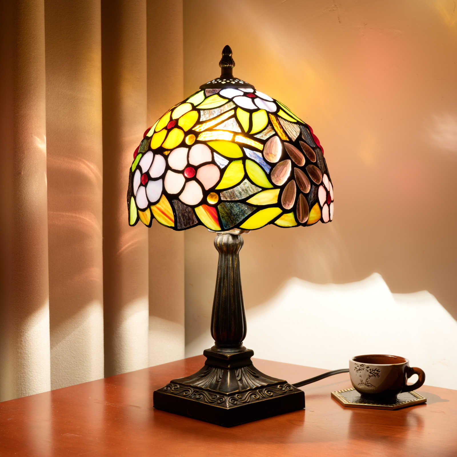 Blivuself Floral Tiffany Style Table Lamp, 8inch Stained Glass Flower Shade, 14.4 Inch Vintage Accent Lamp For Bedroom Suitable For Bedroom Living Room Dining Room Warm Home Atmosphere <OFU1403>