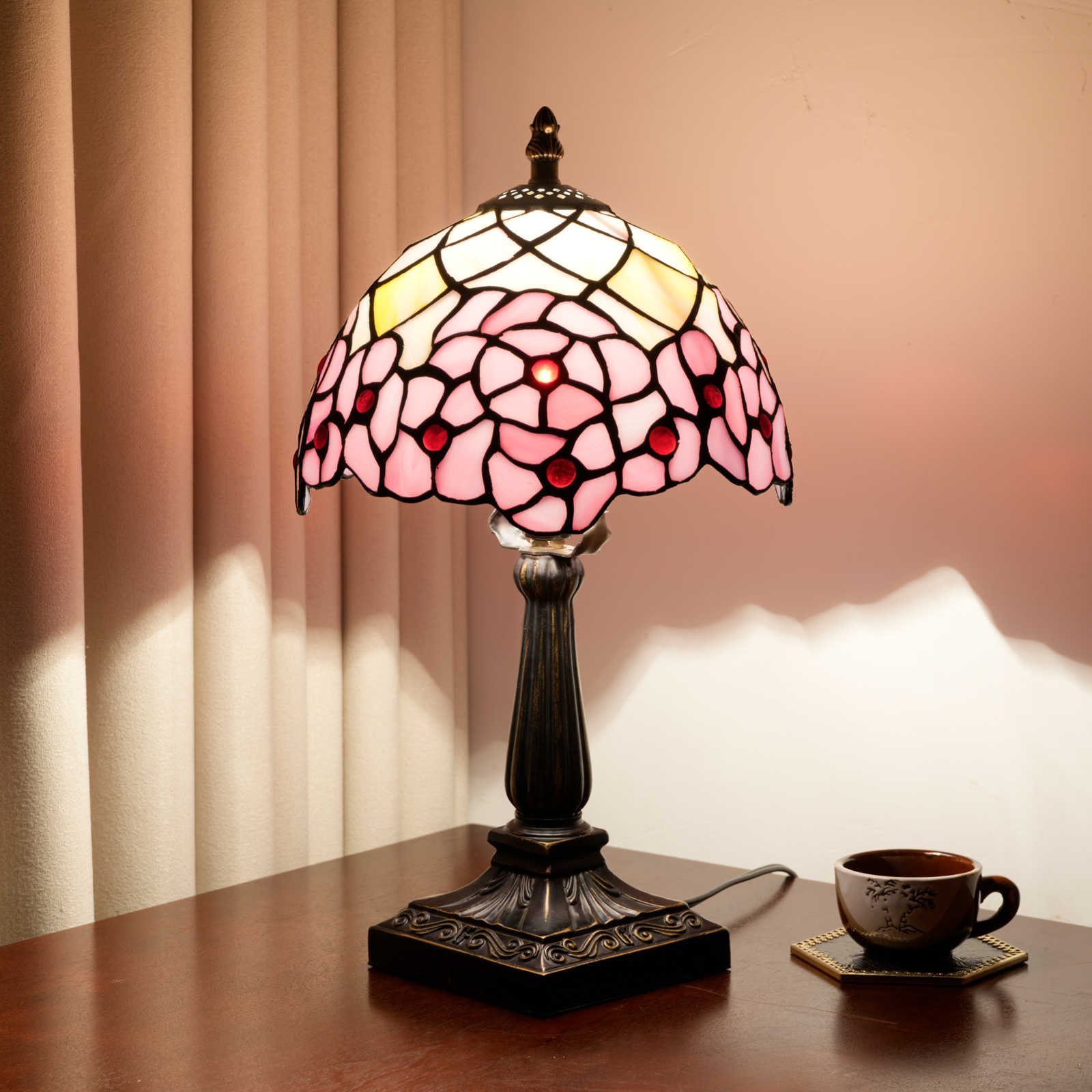 Blivuself Pink Cherry Blossom Tiffany Style Stained Glass Table Lamp Romantic Floral Accent Light,The width of the lampshade is 20 centimeters / 8 inches.Vintage Resin Base, Warm Ambient Light for Bedroom Living Room Home Decor<OFU1395>