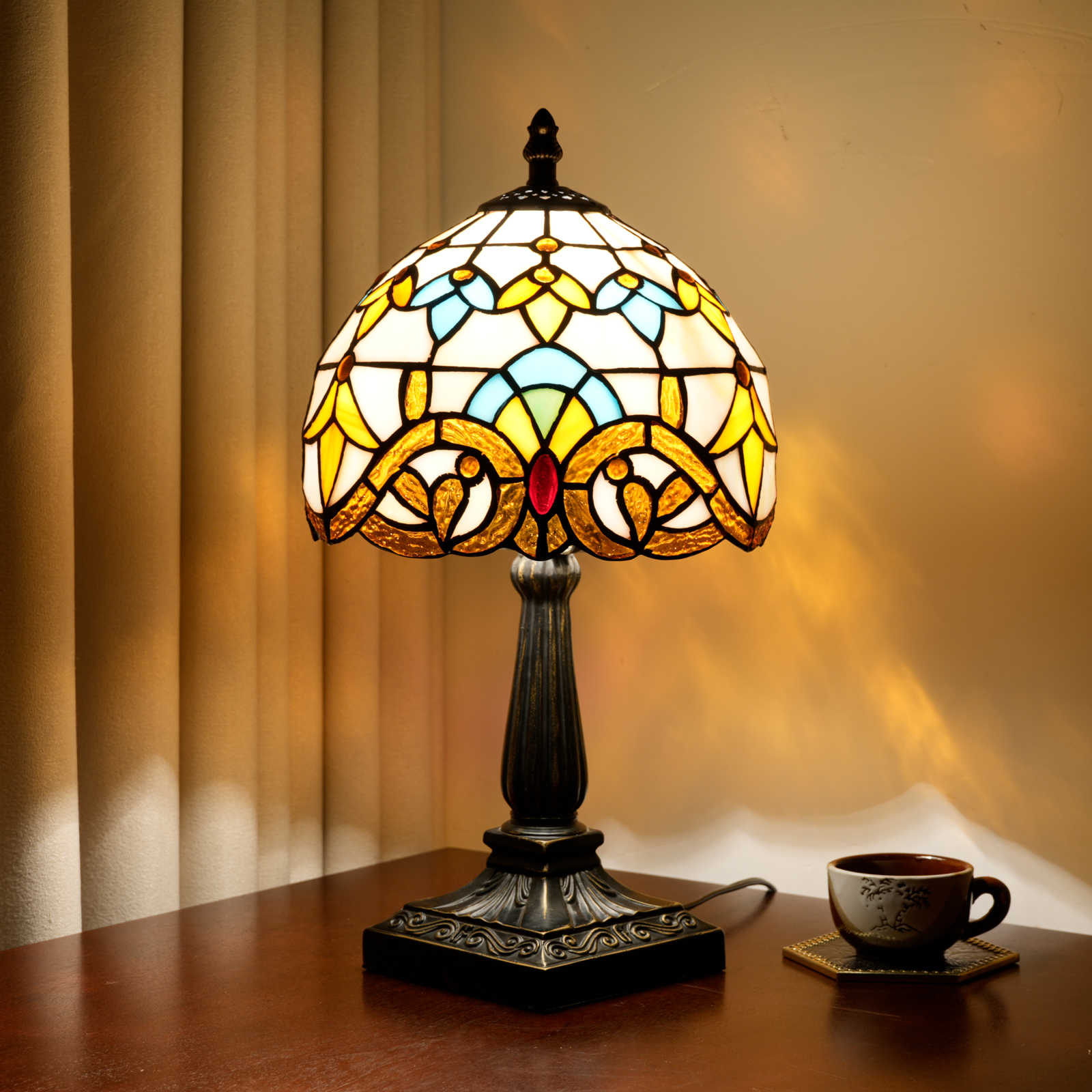 Blivuself Yellow Baroque Tiffany Style Stained Glass Table Lamp Ornate Art Deco Accent Light,Vintage Resin Base for Elegant Home  Office Decor<OFU1394>