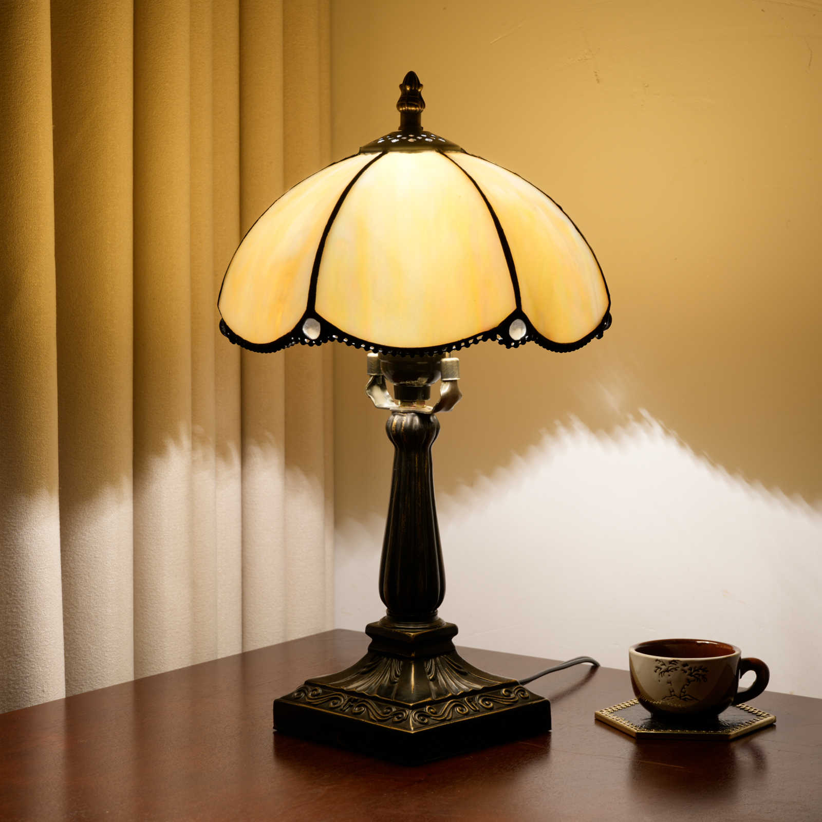 Blivuself Minimalist Tiffany Style Cream Glass Table Lamp, 8 Inch Dome Shade with Black Trim, Vintage Resin Base, Elegant Soft Glow for Bedside, Office & Reading Nook<OFU1393>